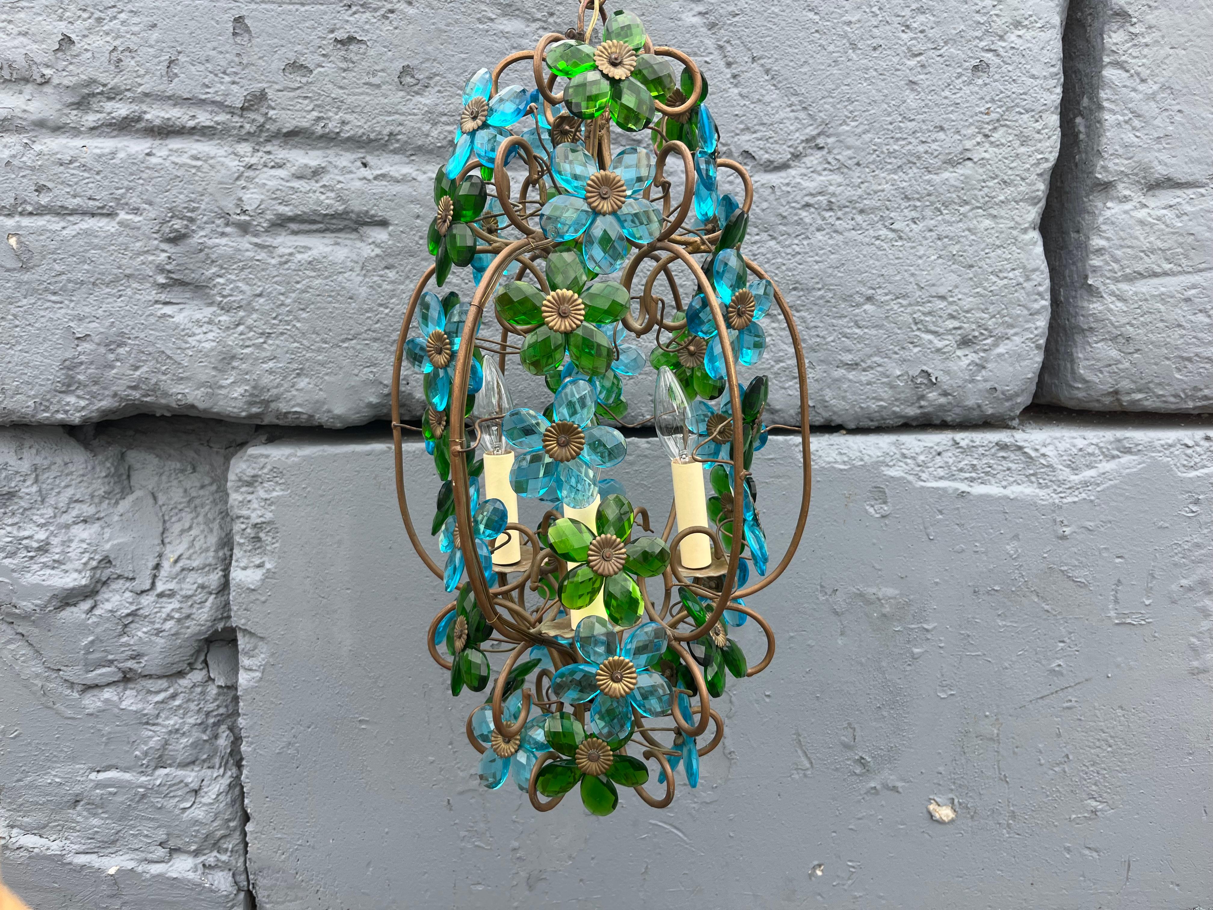 Lustre italien des années 1950 en verre à fleurs, pendentif, laiton, Murano en vente 13