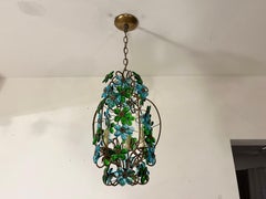 1950s Italian Flower Glass Chandelier, Pendant, Brass, Murano