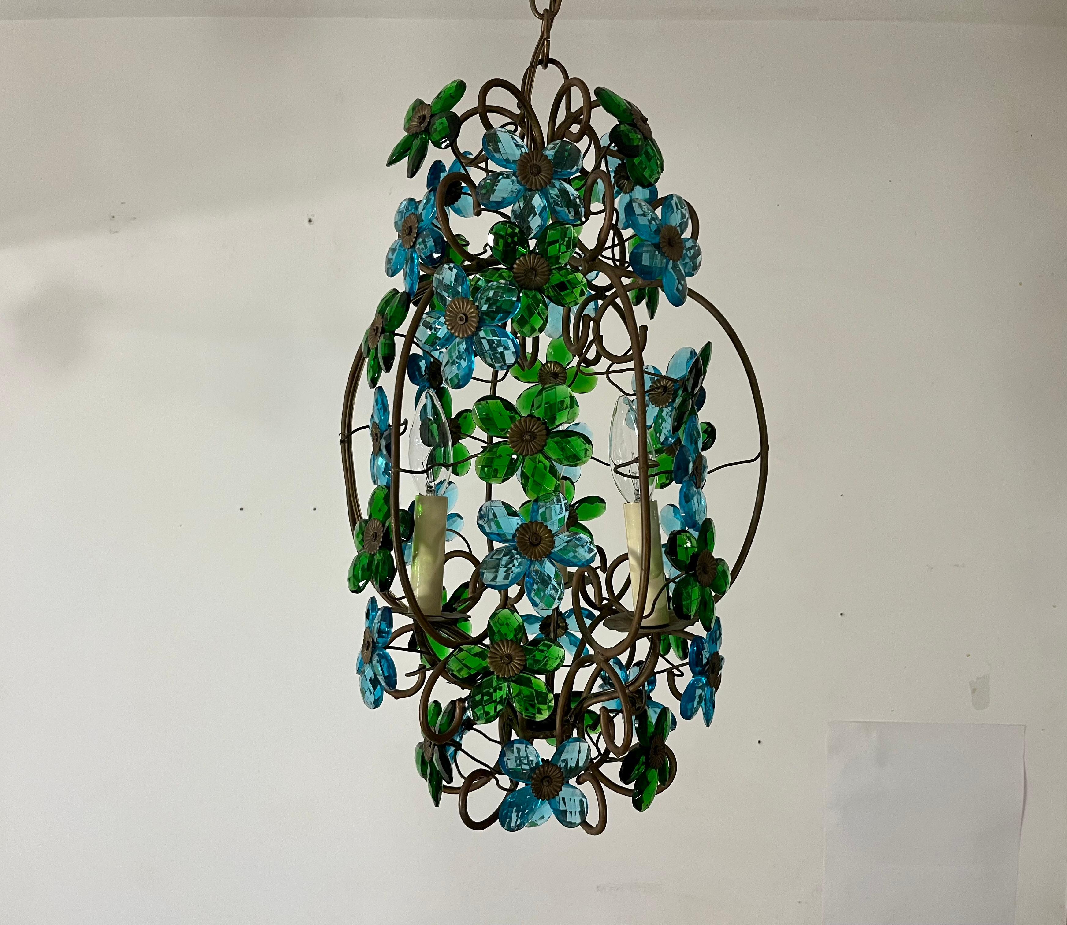 Lustre italien des années 1950 en verre à fleurs, pendentif, laiton, Murano en vente 2