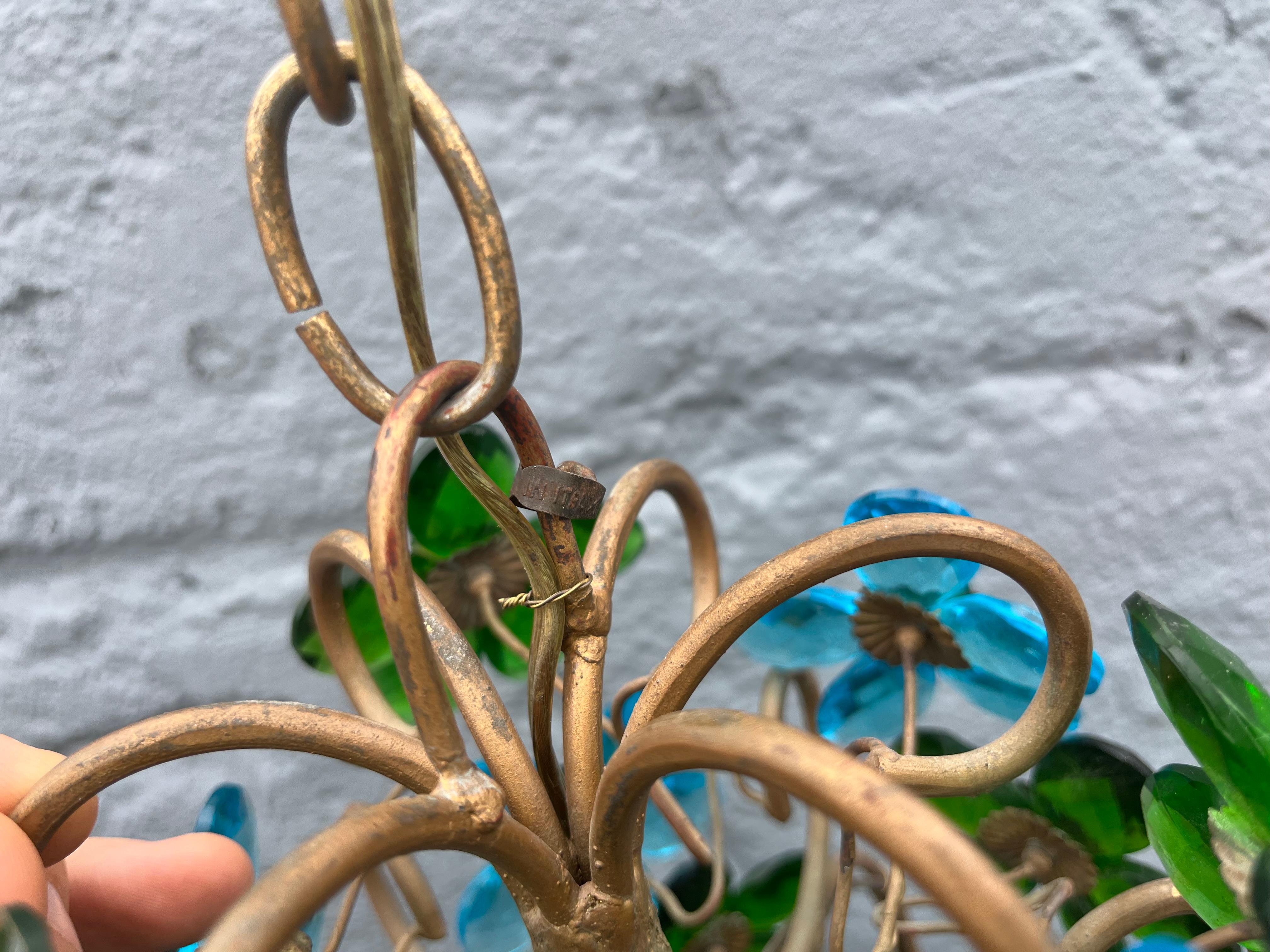 Lustre italien des années 1950 en verre à fleurs, pendentif, laiton, Murano en vente 3