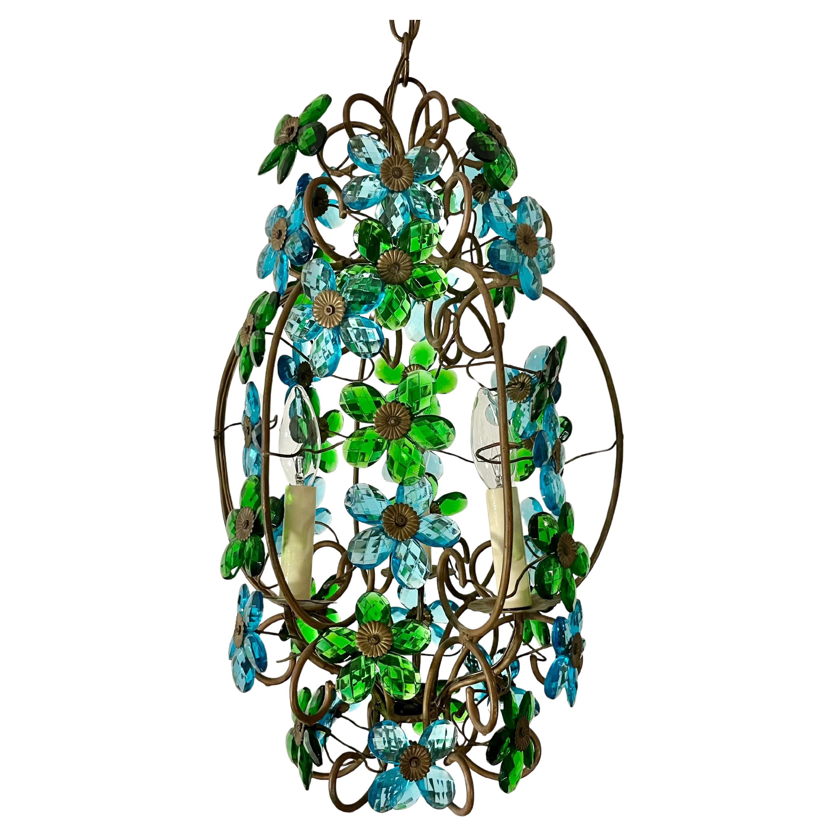 1950s Italian Flower Glass Chandelier, Pendant, Brass, Murano