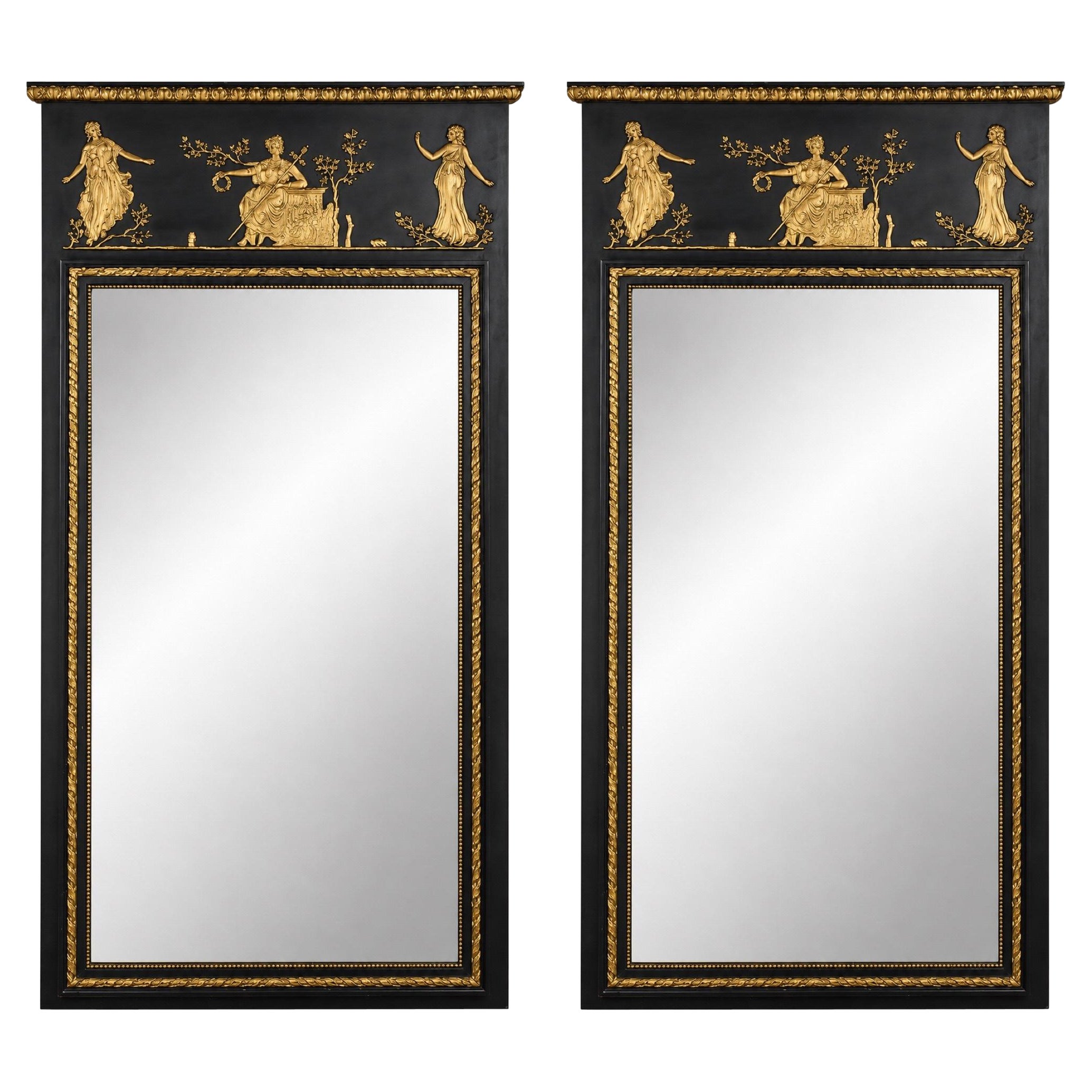 1950s Italian Friedman Brothers Neoclassical Black And Gilt Mirrors - Pair