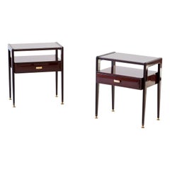 Vintage 1950s Italian Fully Restored Wooden Bedside Tables with Glass Top