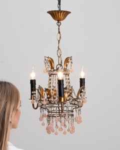 Italian Gilded Chandelier, Glass Drops, Mid-Century Design, 1950