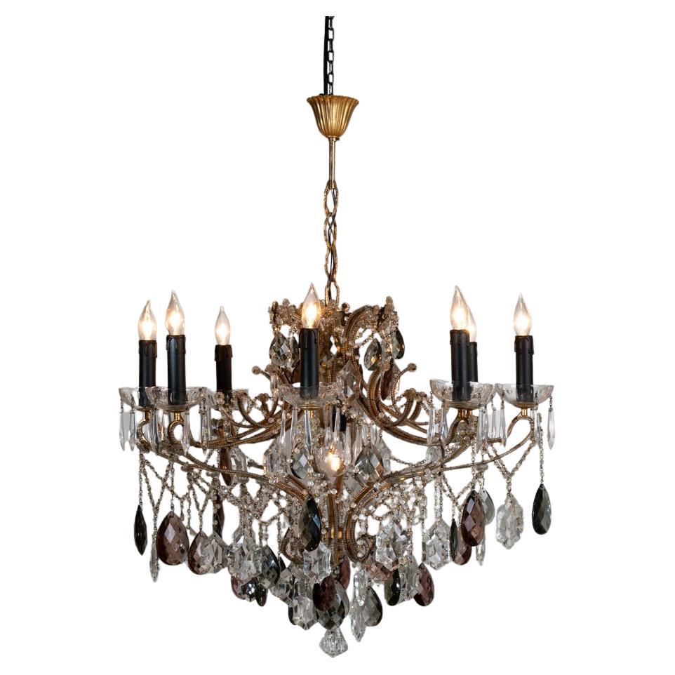 Araña italiana dorada de ocho brazos con gotas de cristal de los años 50 en venta