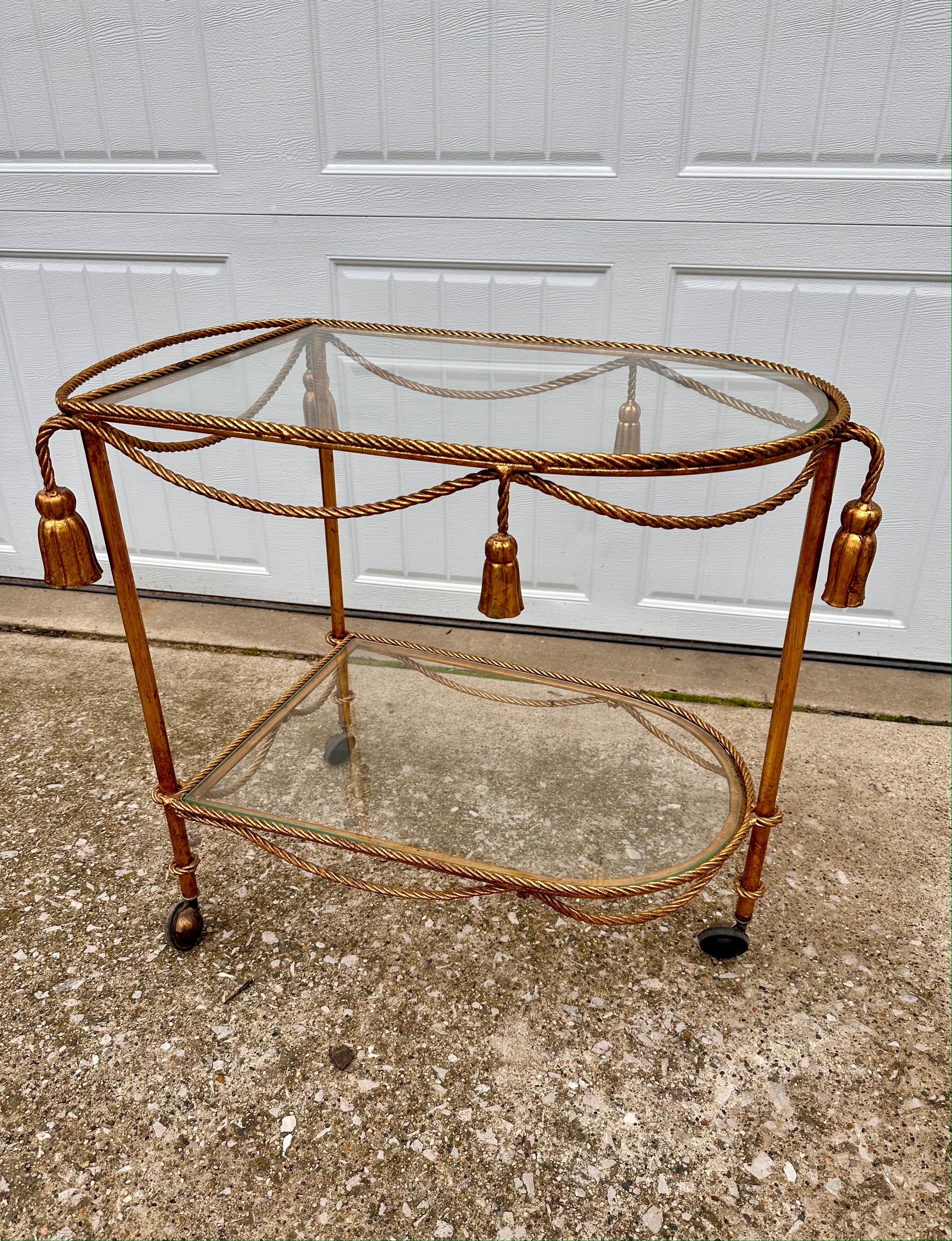 Forged 1950s Italian Gilded Two Tiered Bar Cart Hollywood Regency Style with Tassels