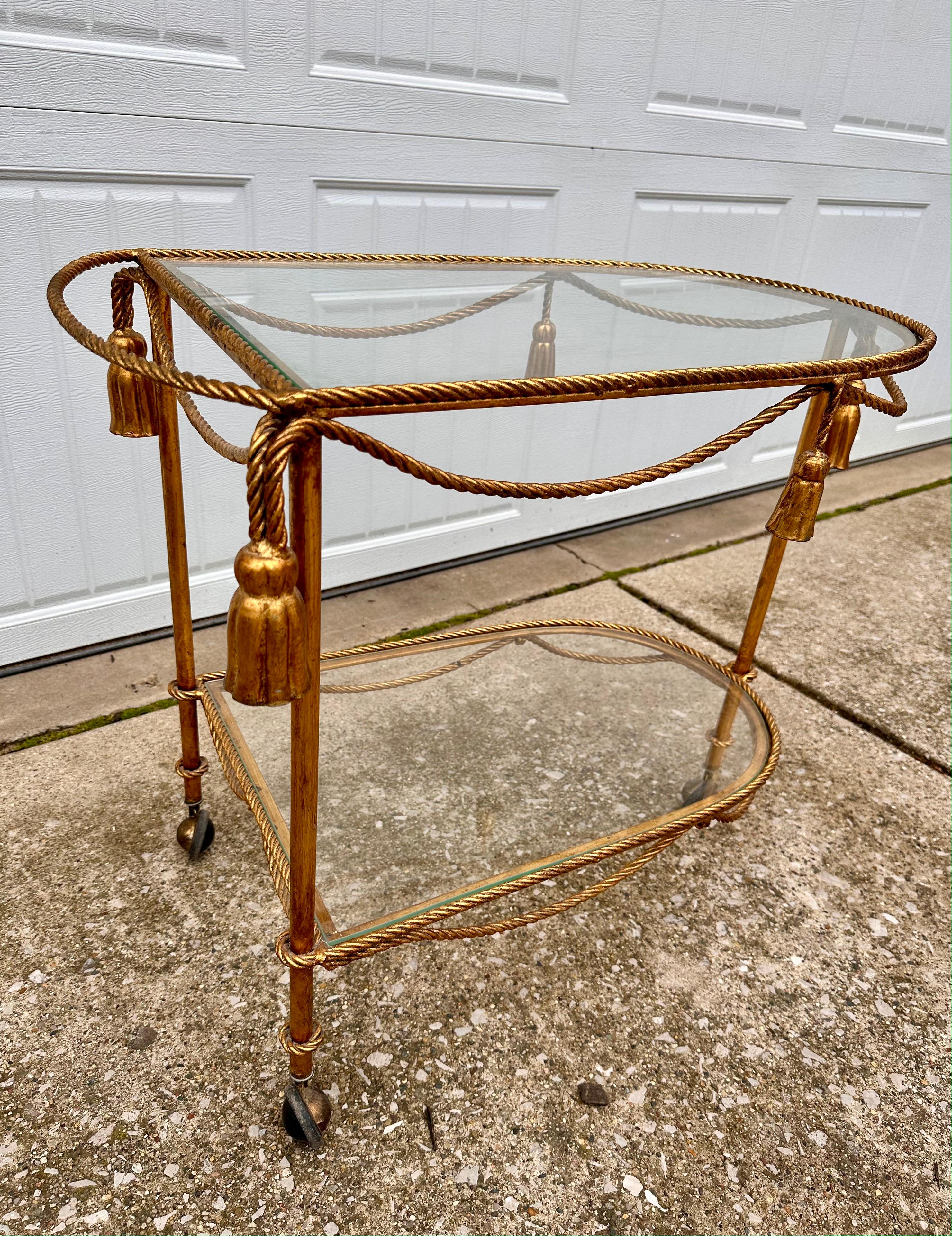 1950s Italian Gilded Two Tiered Bar Cart Hollywood Regency Style with Tassels In Good Condition In Portage, MI