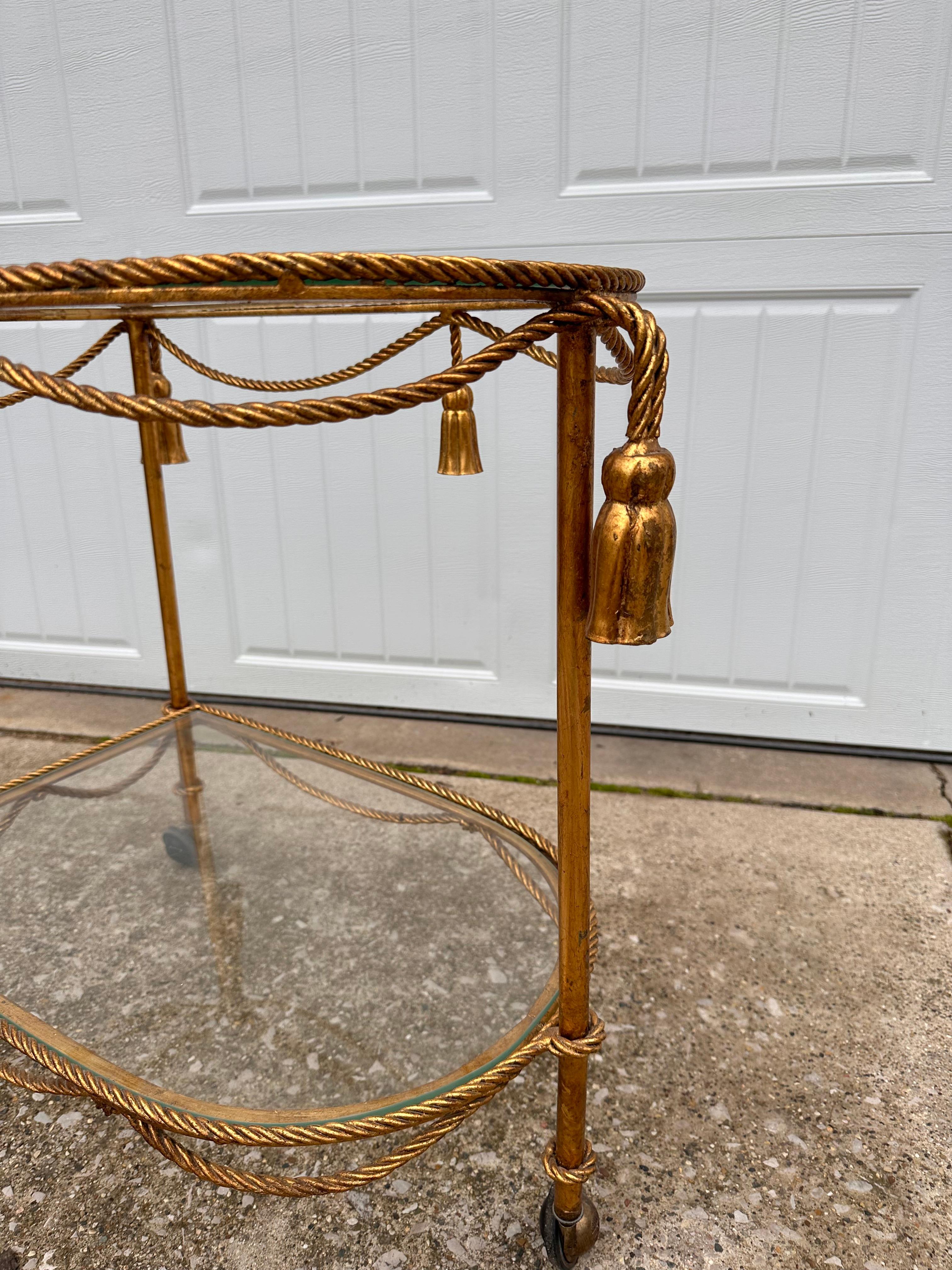 20th Century 1950s Italian Gilded Two Tiered Bar Cart Hollywood Regency Style with Tassels