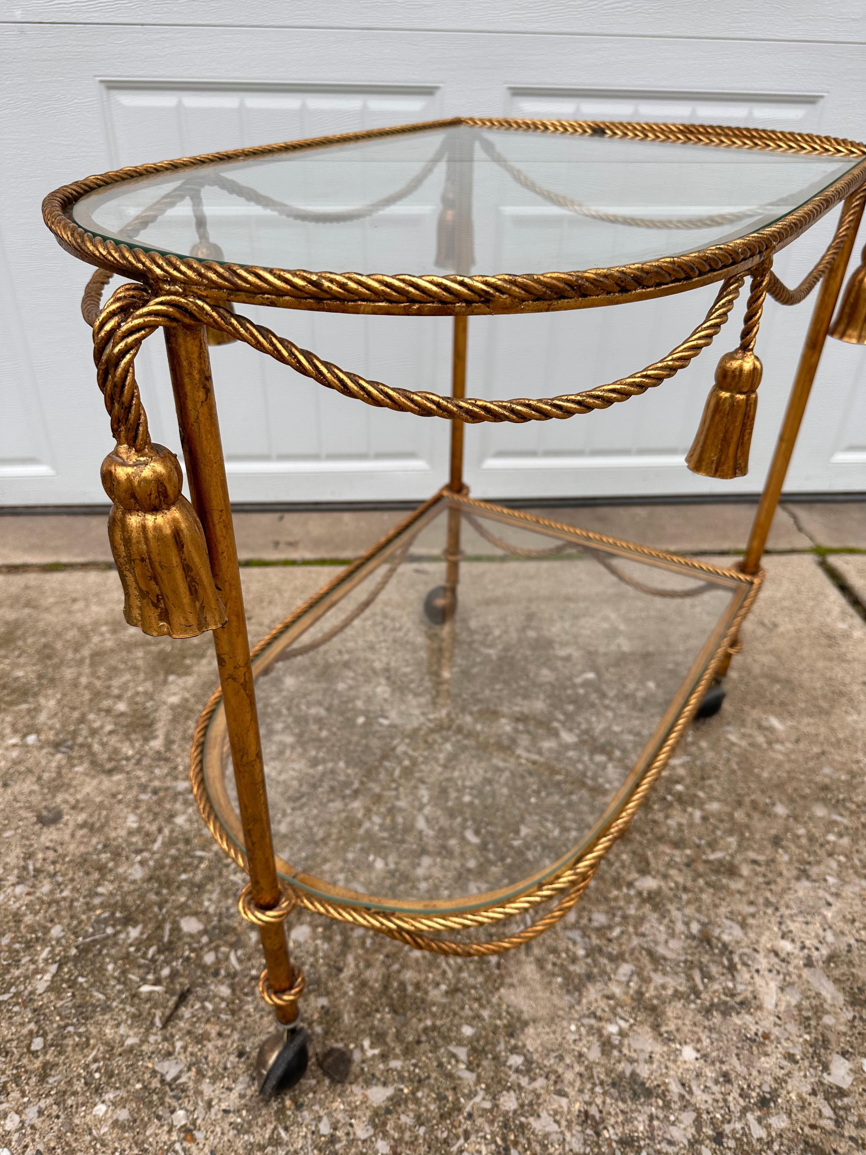 Metal 1950s Italian Gilded Two Tiered Bar Cart Hollywood Regency Style with Tassels