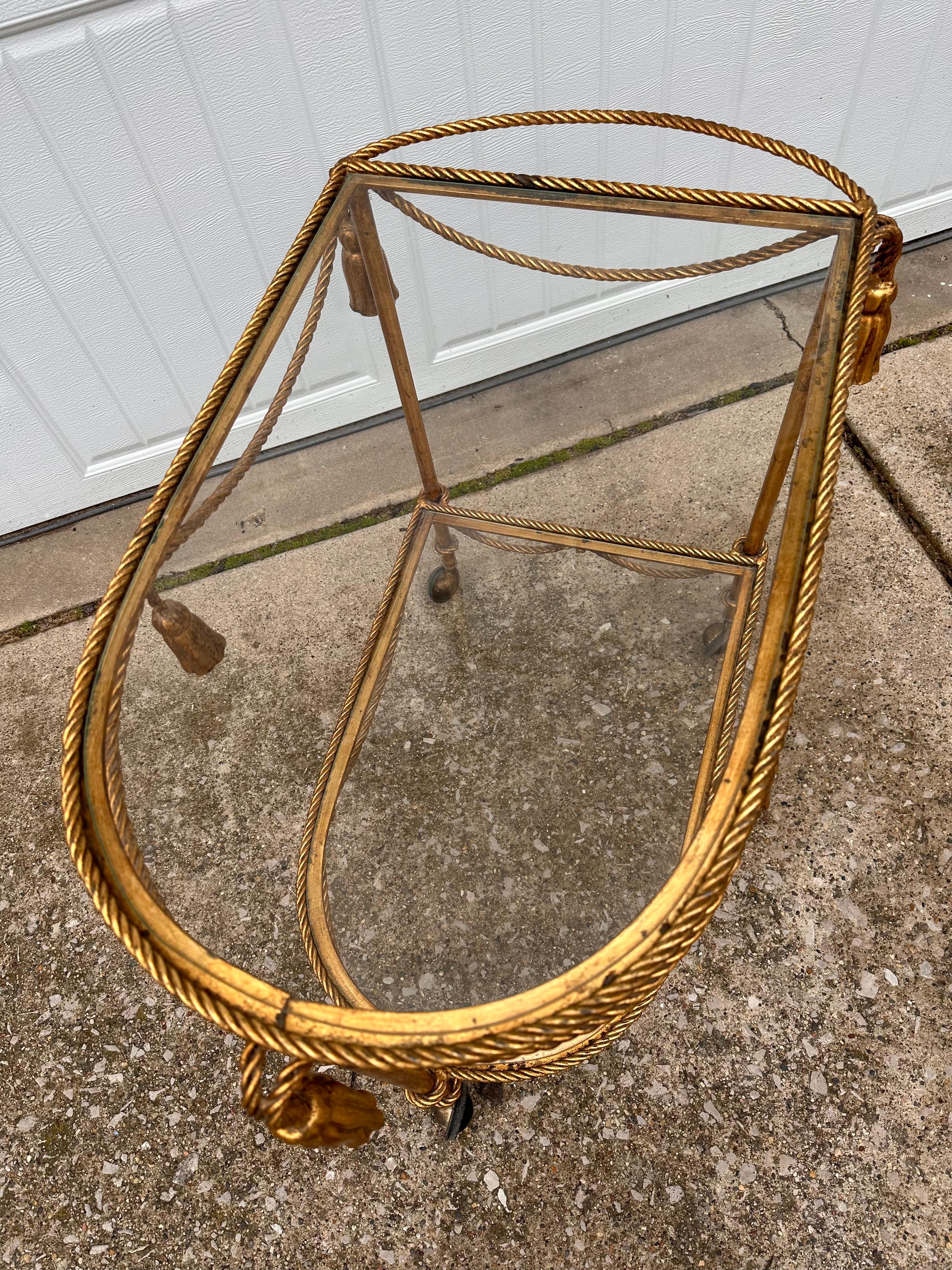 1950s Italian Gilded Two Tiered Bar Cart Hollywood Regency Style with Tassels 1