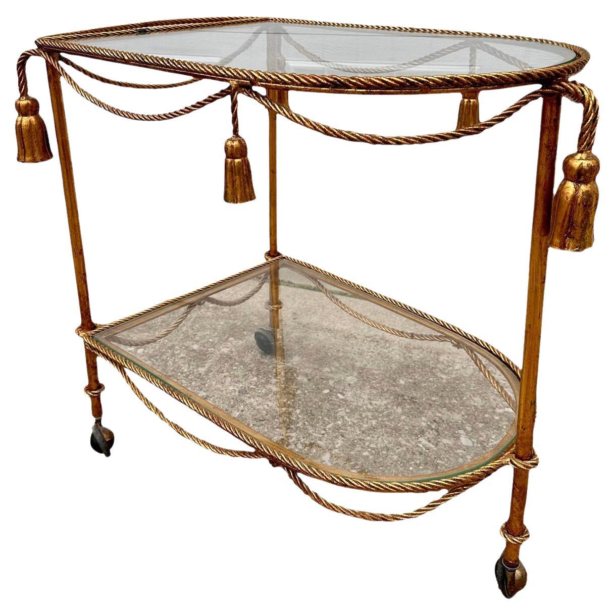 1950s Italian Gilded Two Tiered Bar Cart Hollywood Regency Style with Tassels