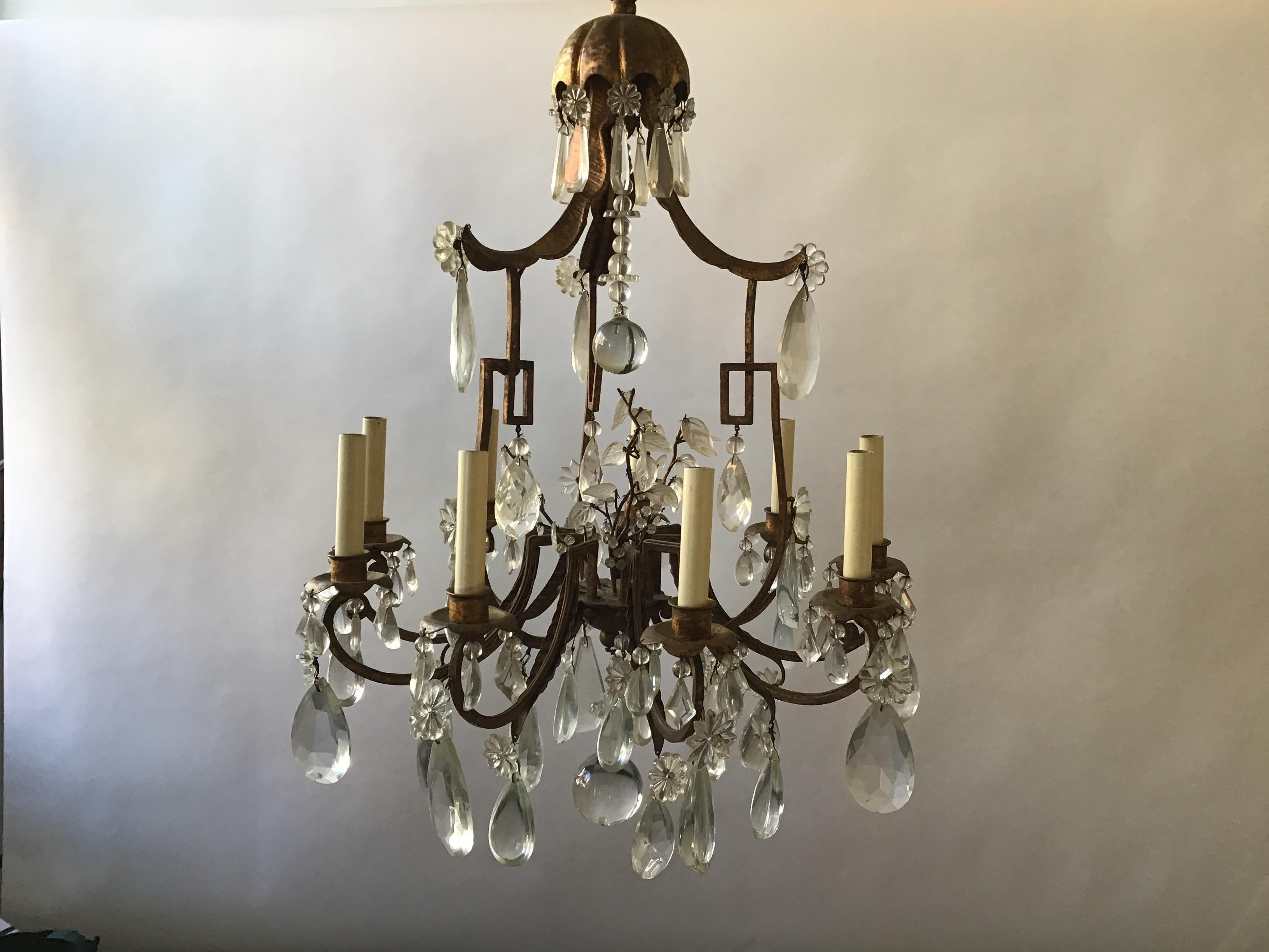 1950s Italian gilt iron and crystal pagoda chandelier from a Fifth Ave. apartment.