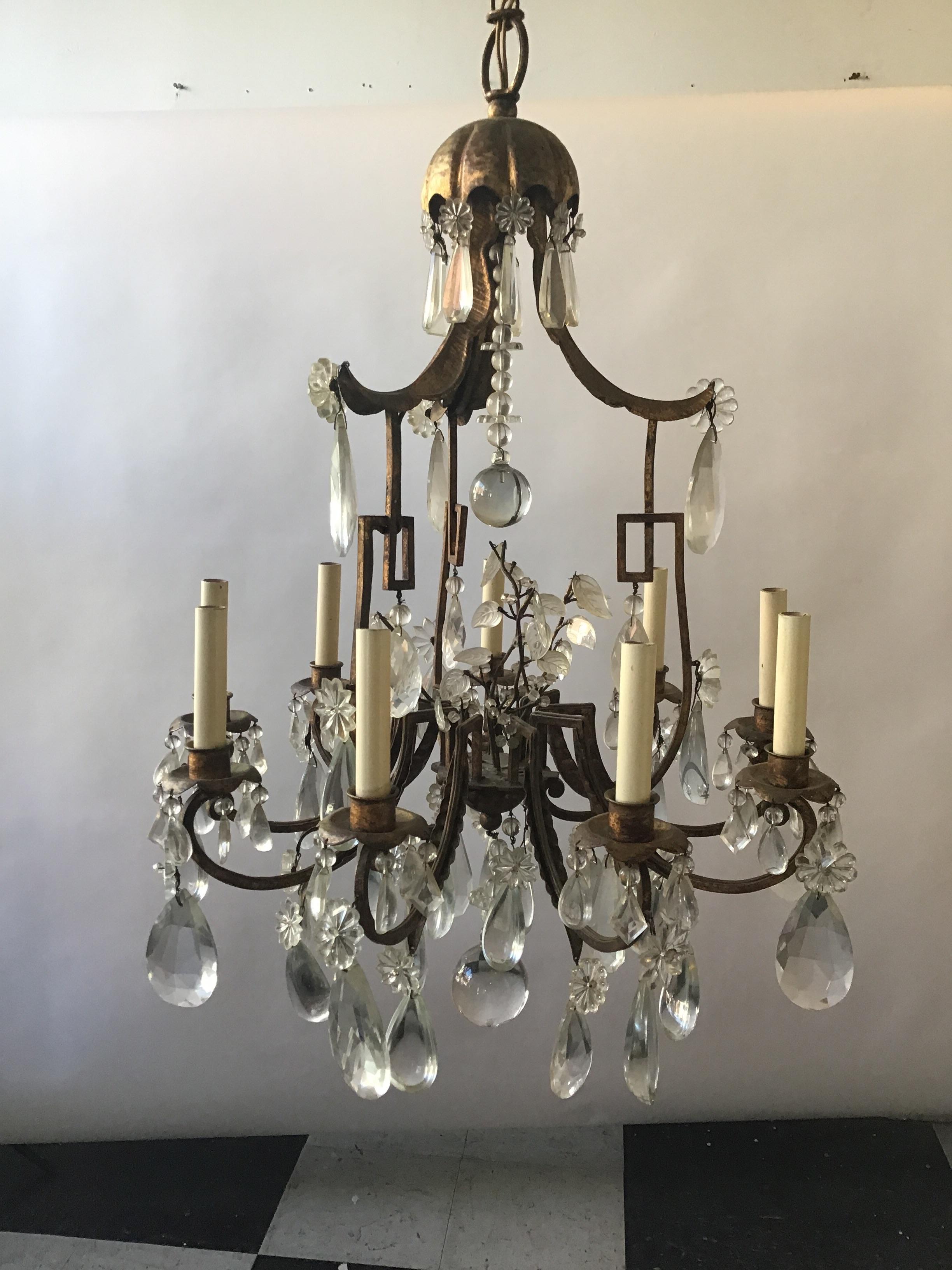 1950s Italian Gilt Iron and Crystal Pagoda Chandelier In Good Condition In Tarrytown, NY