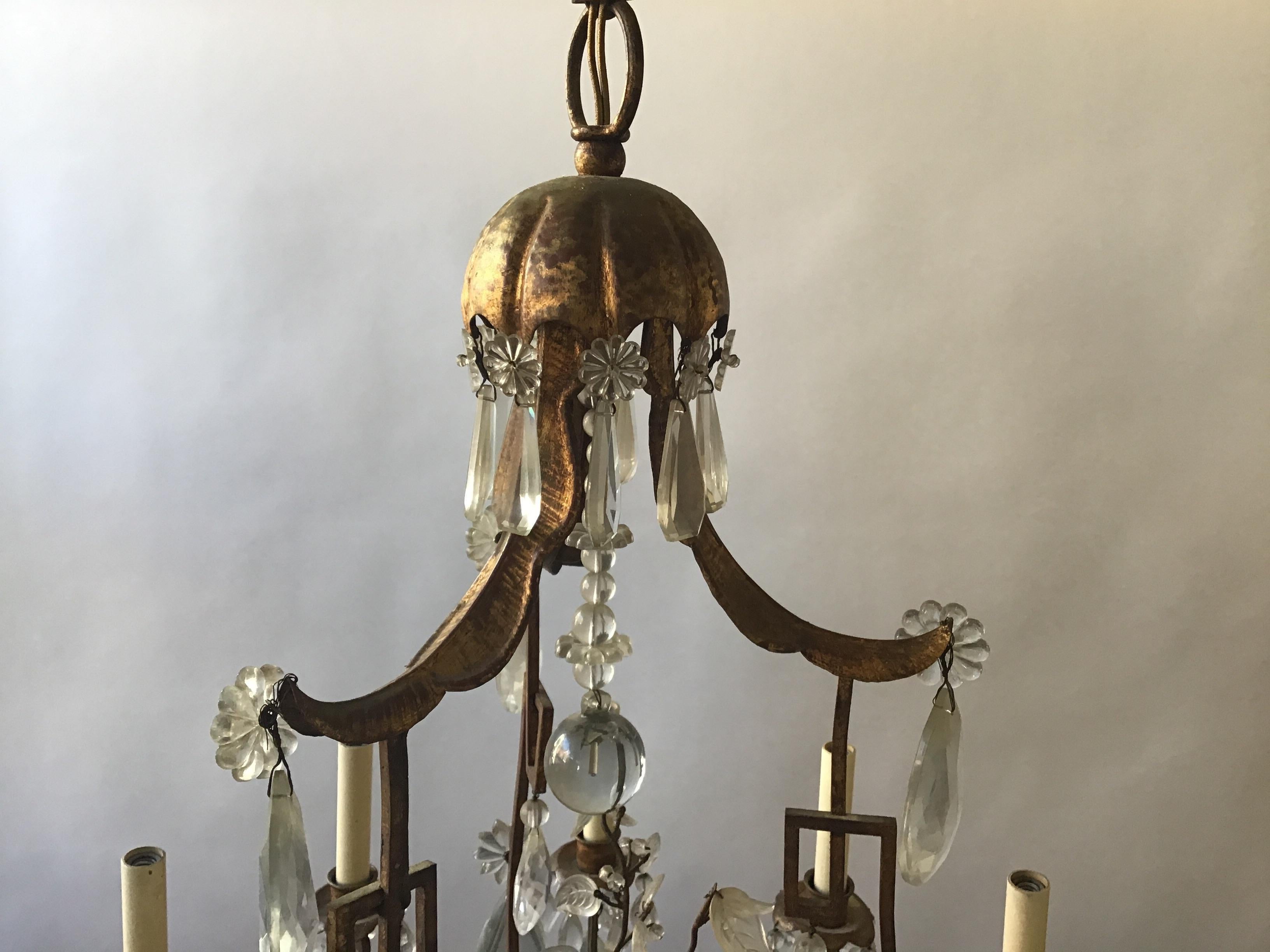 1950s Italian Gilt Iron and Crystal Pagoda Chandelier 1