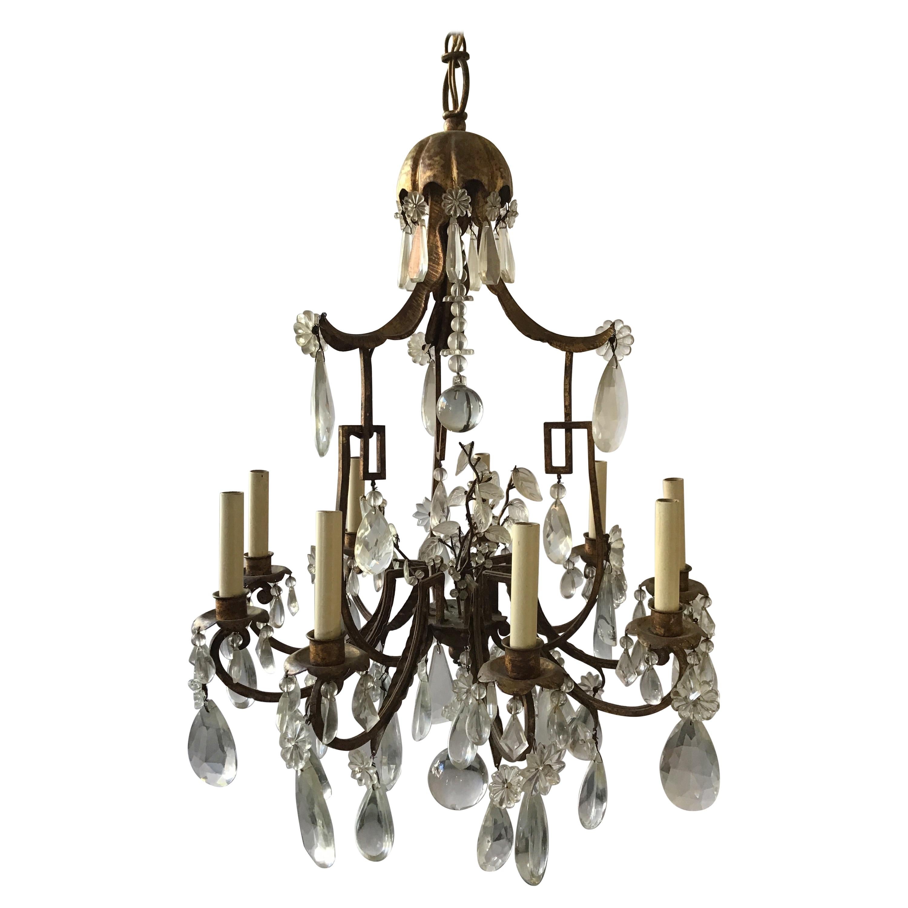 1950s Italian Gilt Iron and Crystal Pagoda Chandelier