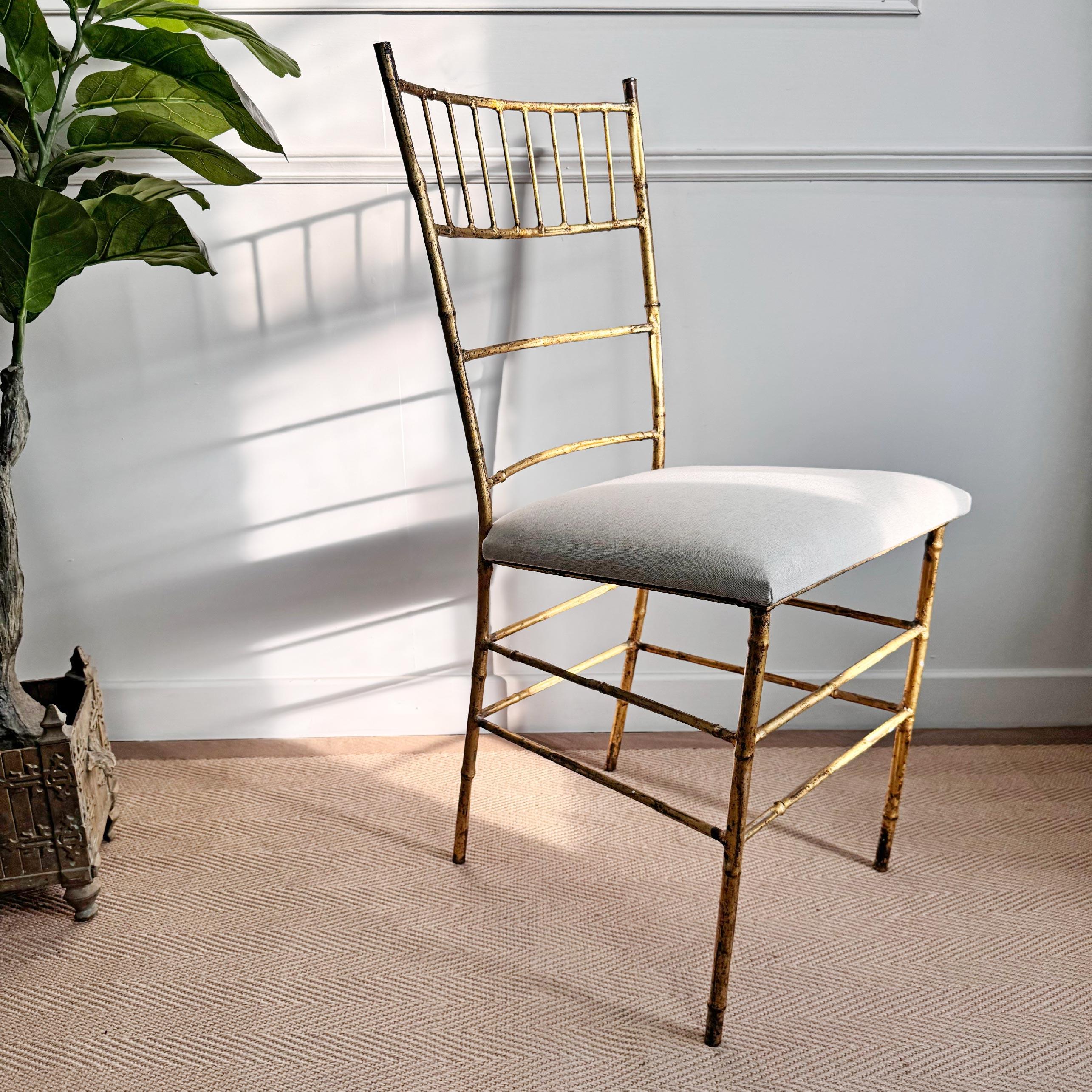 A beautiful Italian faux bamboo chair, in fine gilt metal with incredible detail throughout to imitate the look of slender bamboo stems. The chair has been professionally re-upholstered in high quality neutral cotton fabric.



Height 93cm, Depth