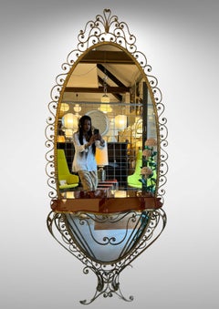 Specchio da sala in metallo dorato degli anni '50 di Pier Luigi Colli con tavolo consolle