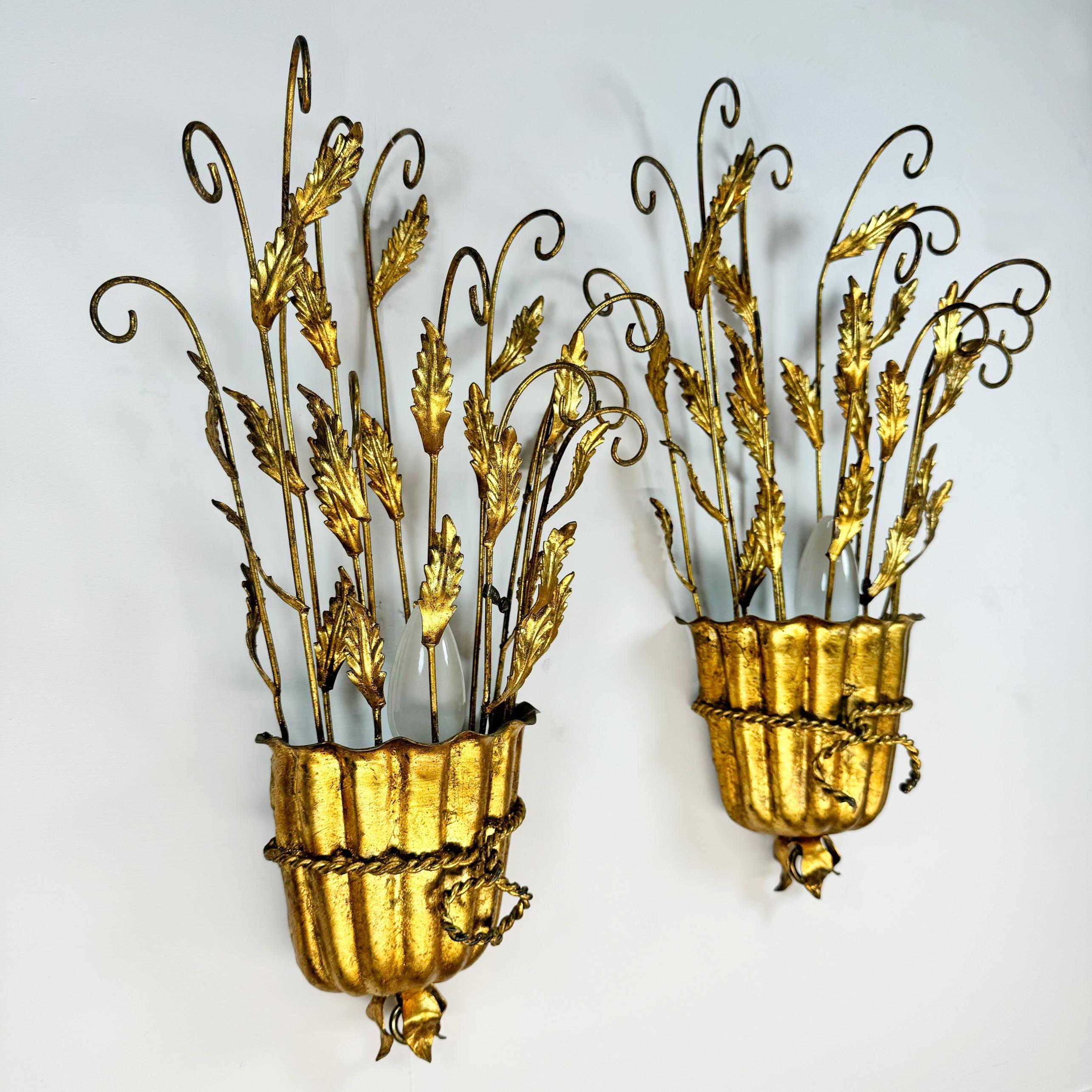 Iron 1950’s Italian Gilt Scroll and Leaf Wall Lights For Sale