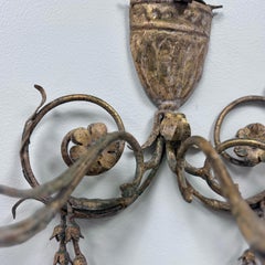 1950s Italian Gilt Tole Floral Leaf Wall Candle Sconces