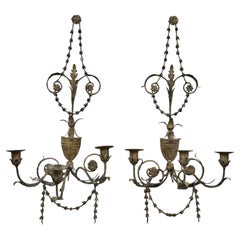 1950s Italian Gilt Tole Floral Leaf Wall Candle Sconces