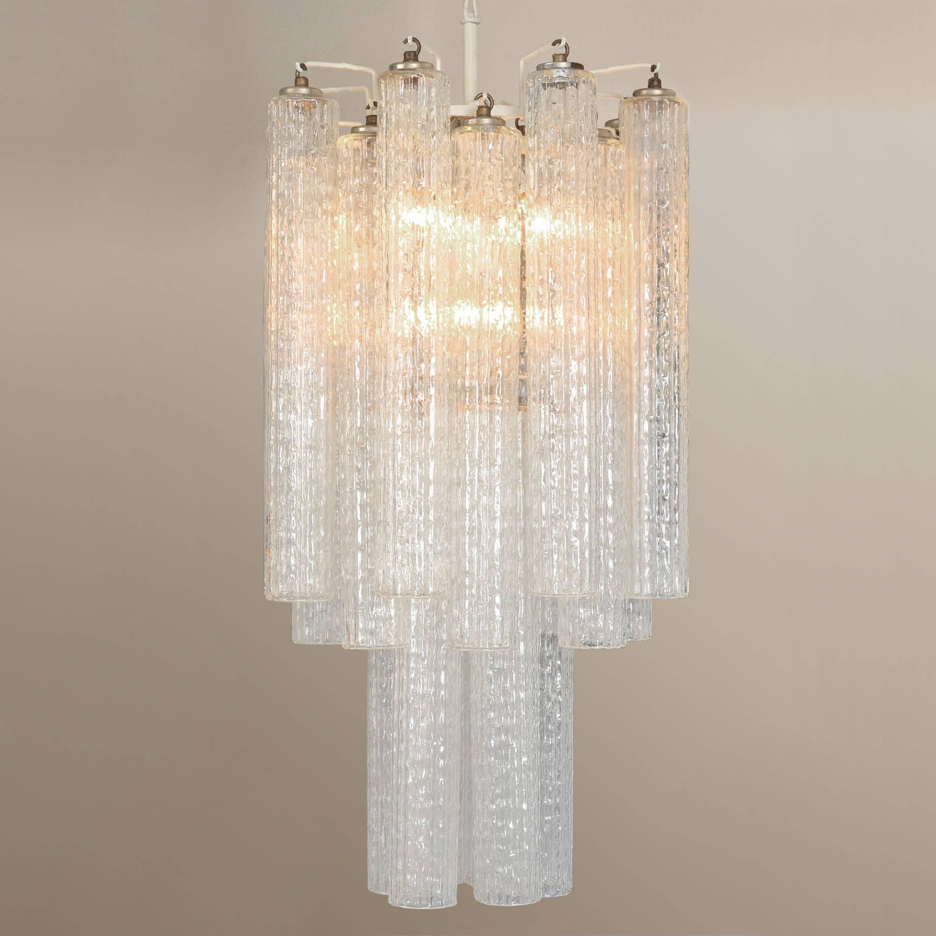 Superb Murano glass chandelier in two tiers of unusually long textured cylindrical drops.

Venini glass was founded in 1921 on the island of Murano by Paolo Venini. Over the century the manufacturers were responsible for some of the most