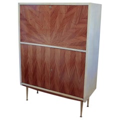 1950s Italian Goatskin and Rosewood Marquetry Bar Cabinet with Brass Hardware