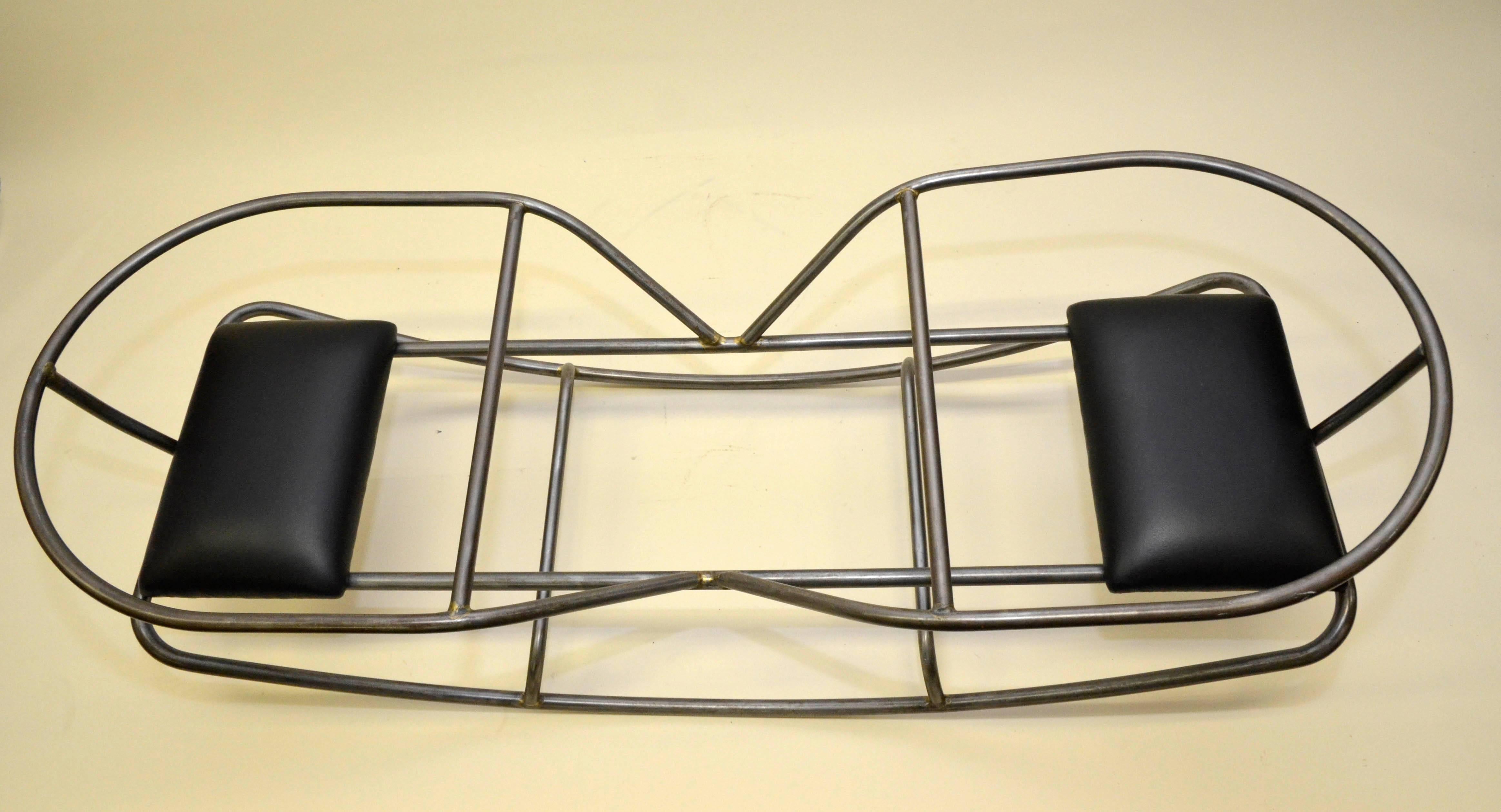 Mid-20th Century 1950s Italian Gondola Swing in Tubular Stripped Steel with Black Leather Seats For Sale
