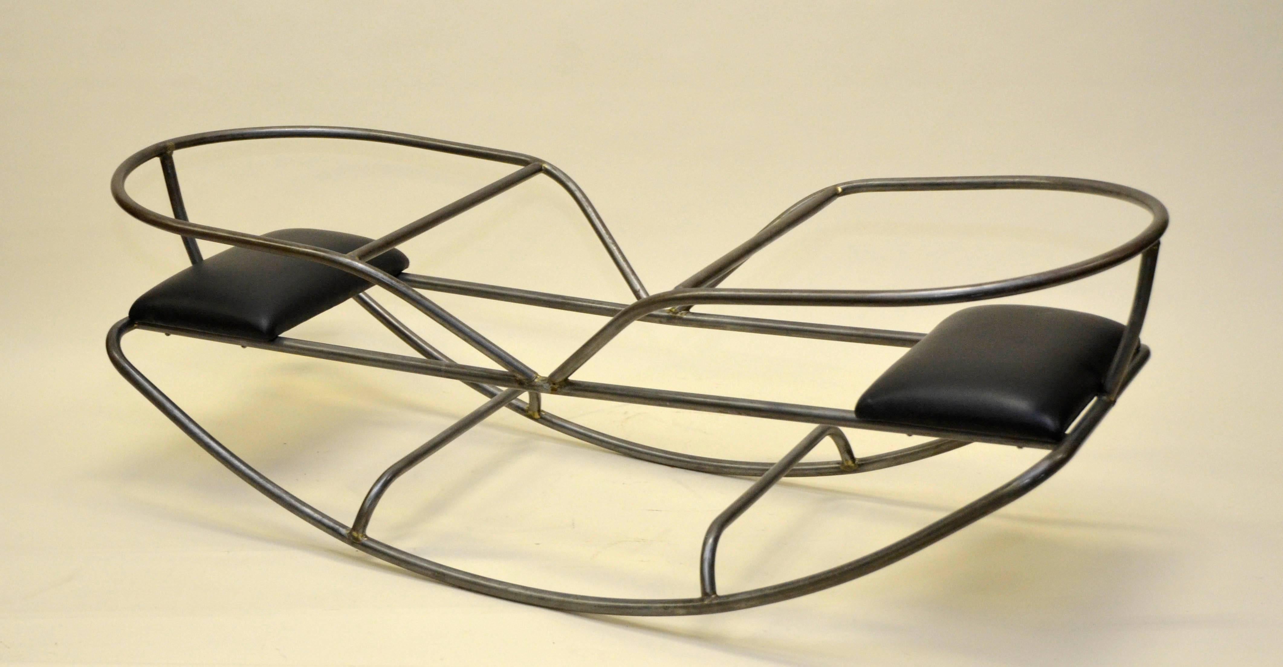 1950s Italian Gondola Swing in Tubular Stripped Steel with Black Leather Seats For Sale 1