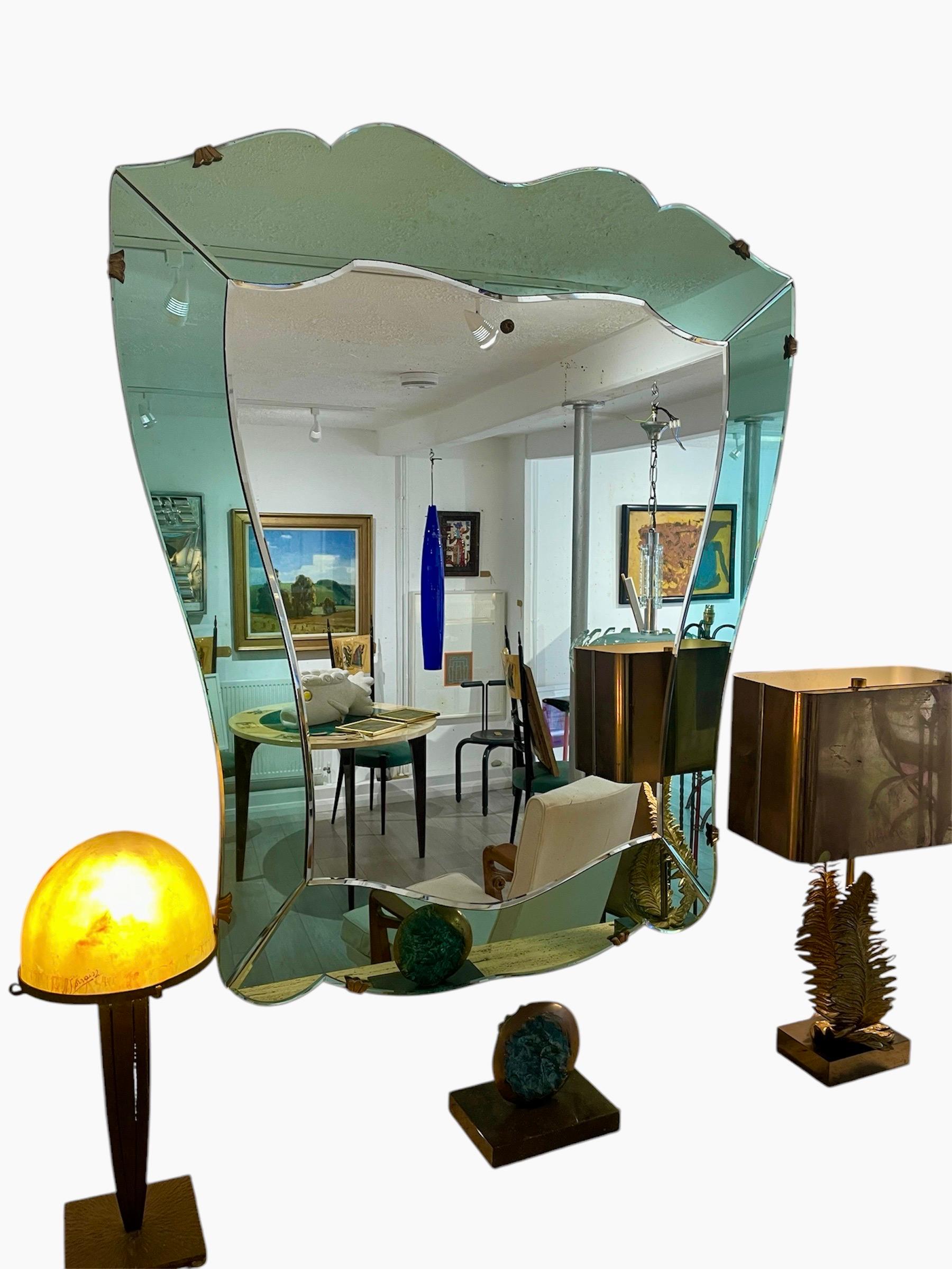 Brass 1950s Italian green surround mirror For Sale