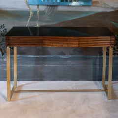 1950's Italian "Grissinato" Wood Console with Drawers, Natural Brass Base