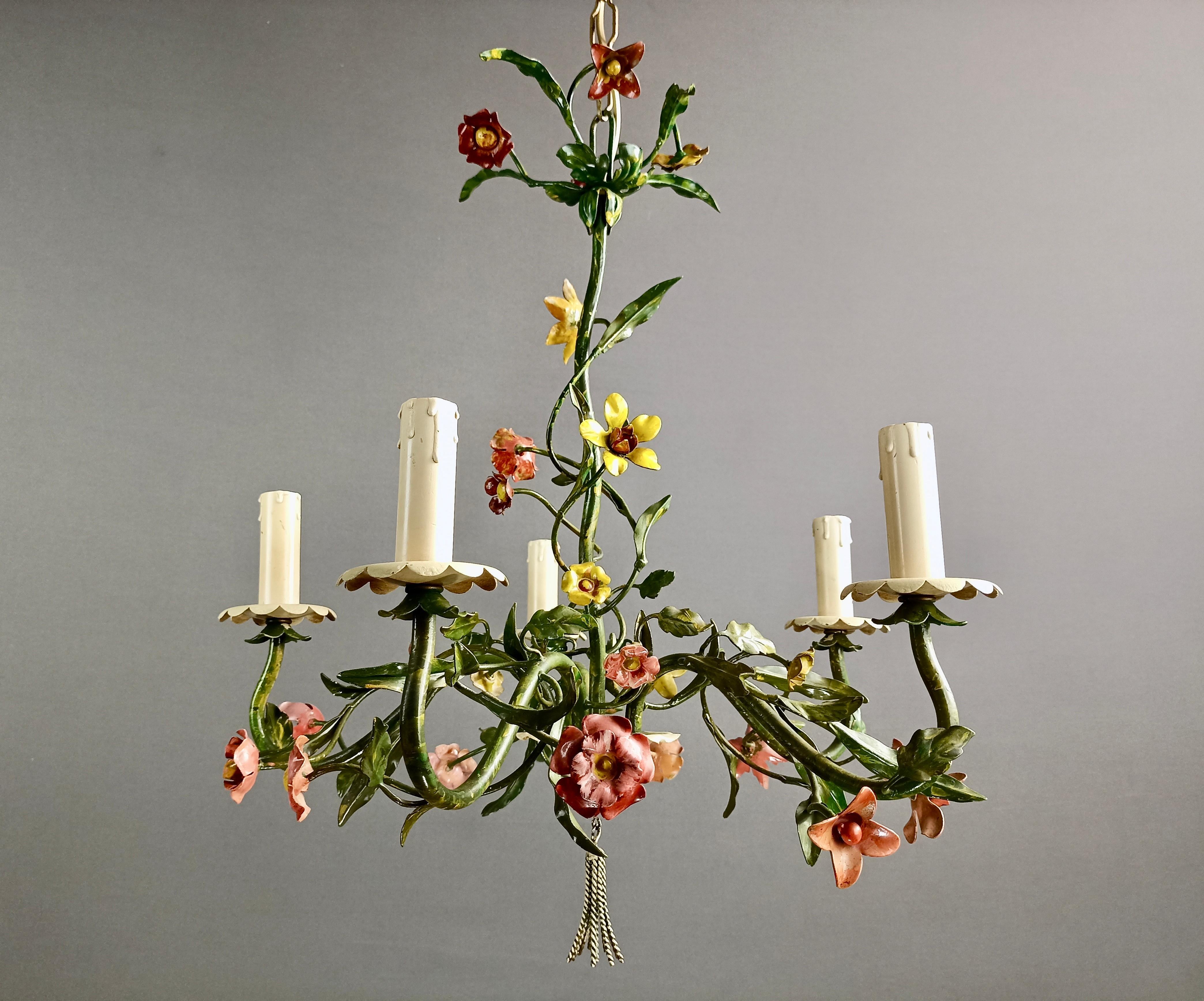 Hand-Crafted 1950s Italian Hand Decorated Tole Floral Five-Light Chandelier