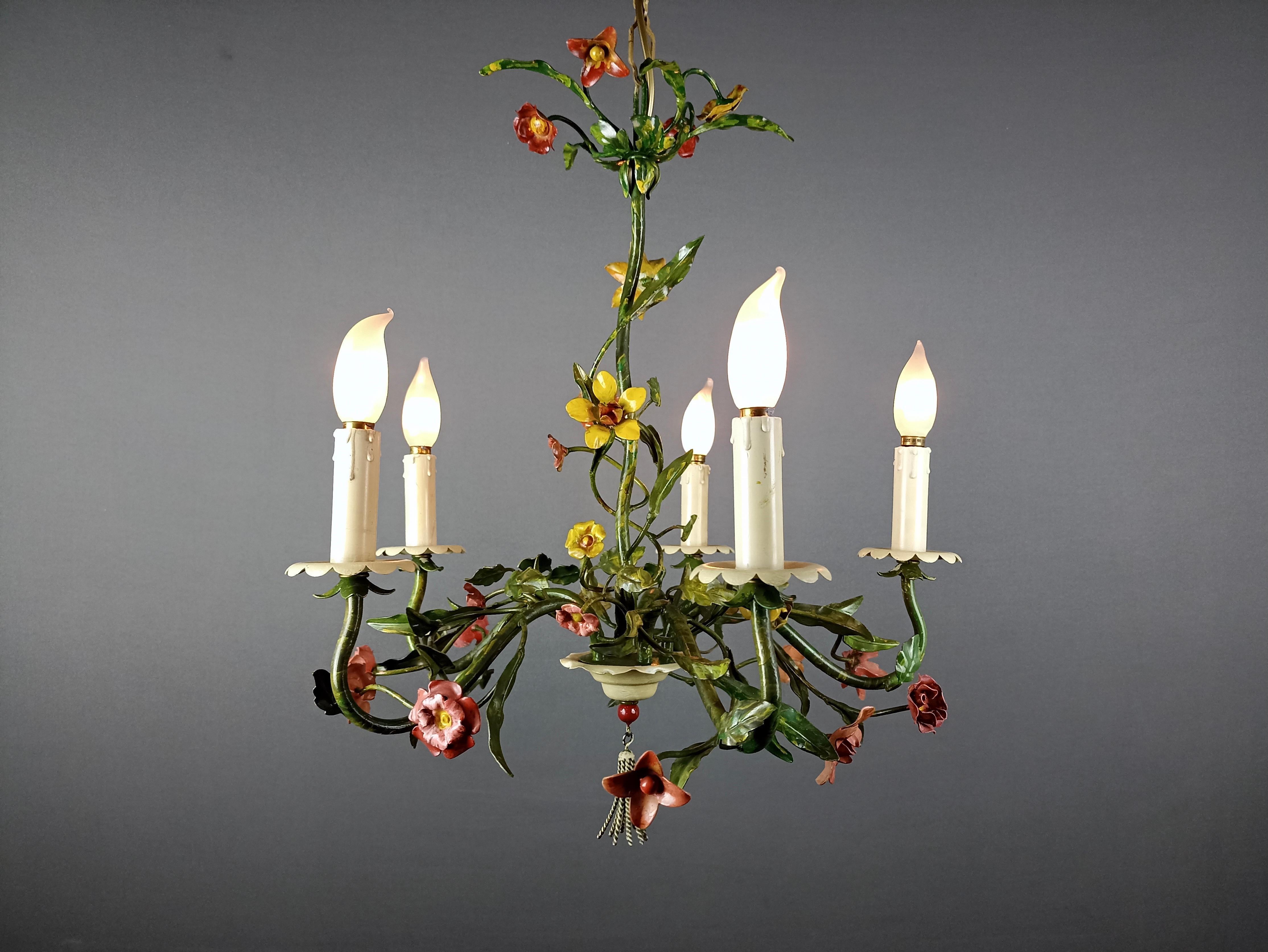 Mid-20th Century 1950s Italian Hand Decorated Tole Floral Five-Light Chandelier