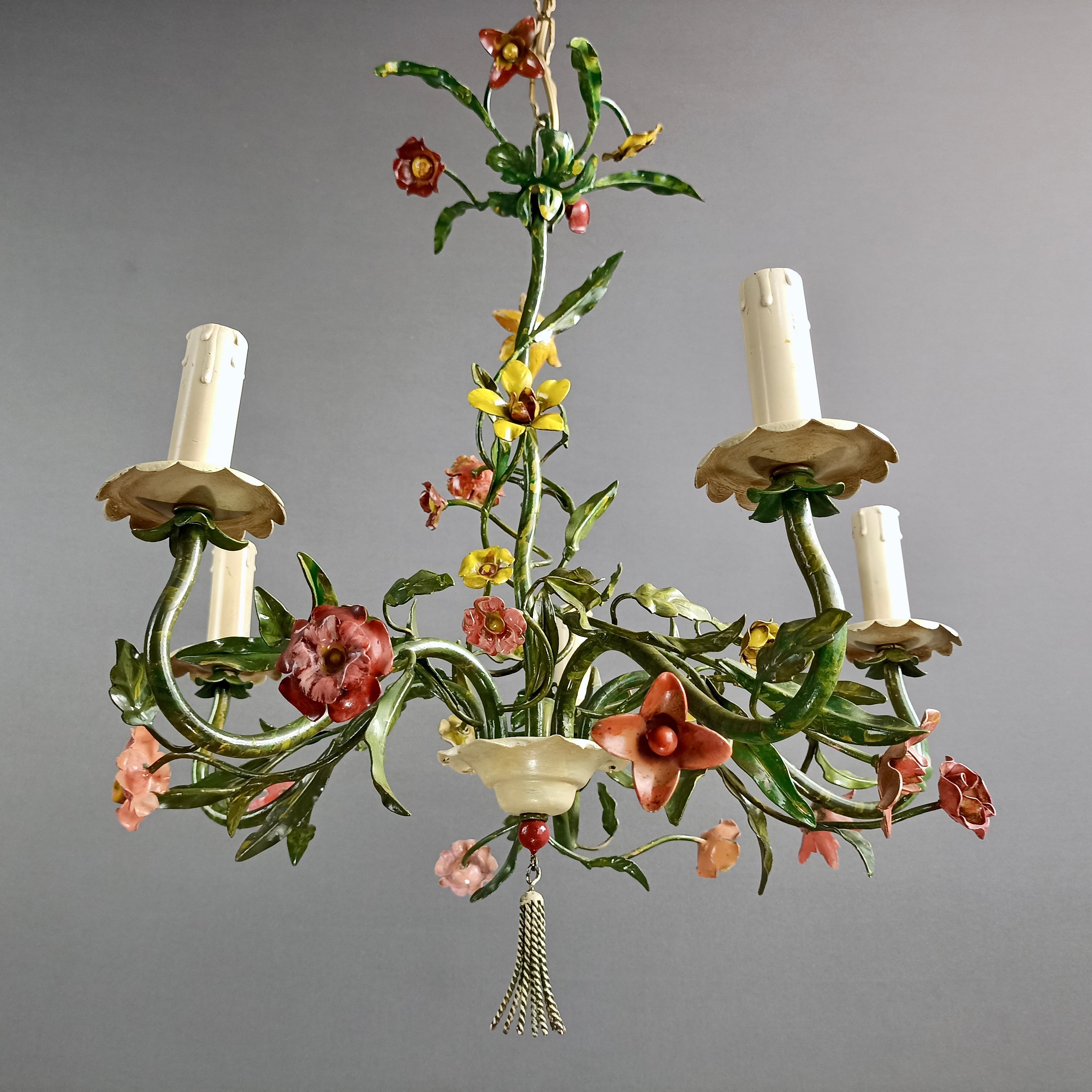 Metal 1950s Italian Hand Decorated Tole Floral Five-Light Chandelier