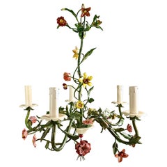 1950s Italian Hand Decorated Tole Floral Five-Light Chandelier