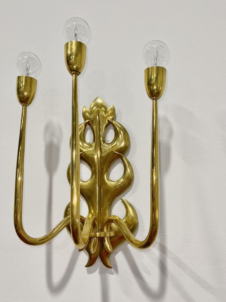 1950's Italian Hand Hammered Brass Three Arm Sconce For Sale at 1stDibs