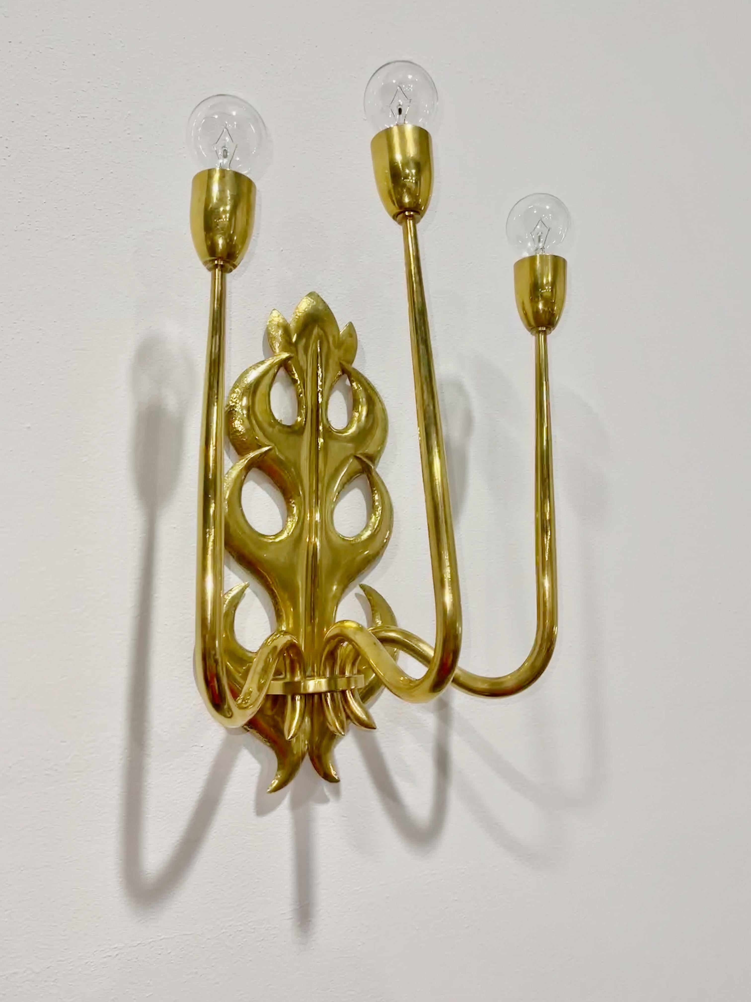 Mid-Century Modern 1950's Italian Hand Hammered Brass Three Arm Sconce  For Sale