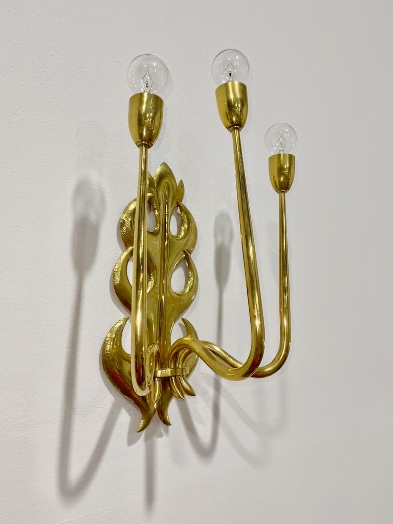 1950's Italian Hand Hammered Brass Three Arm Sconce For Sale at 1stDibs
