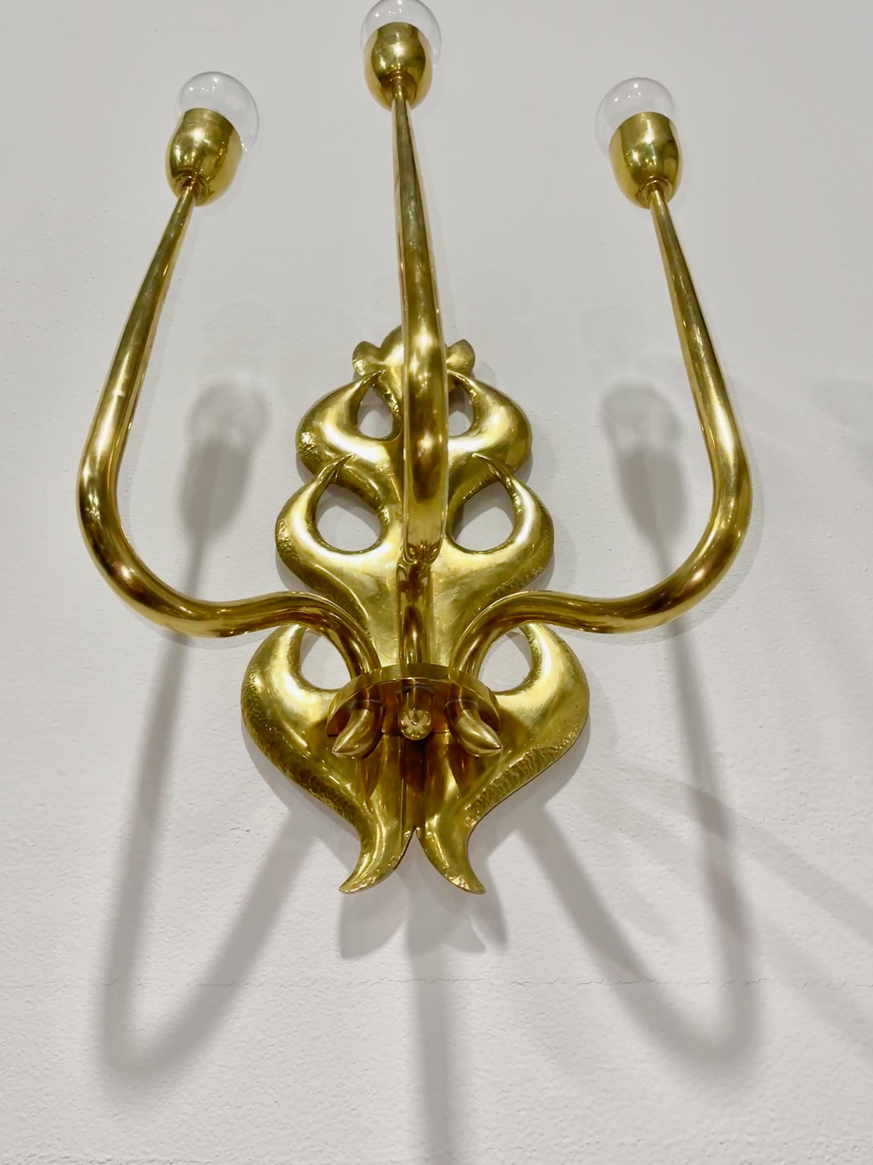 Mid-20th Century 1950's Italian Hand Hammered Brass Three Arm Sconce  For Sale
