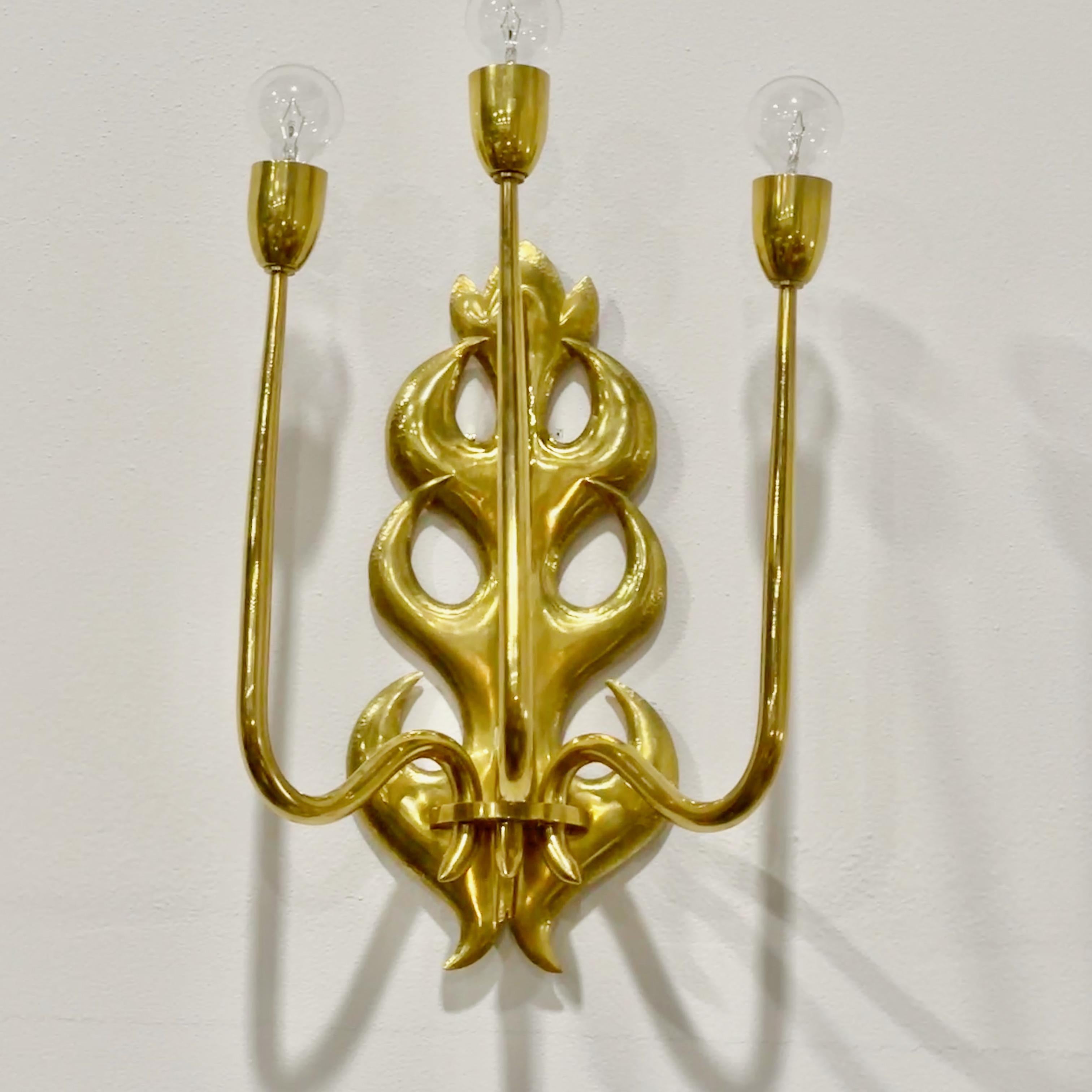 1950's Italian Hand Hammered Brass Three Arm Sconce  For Sale 1