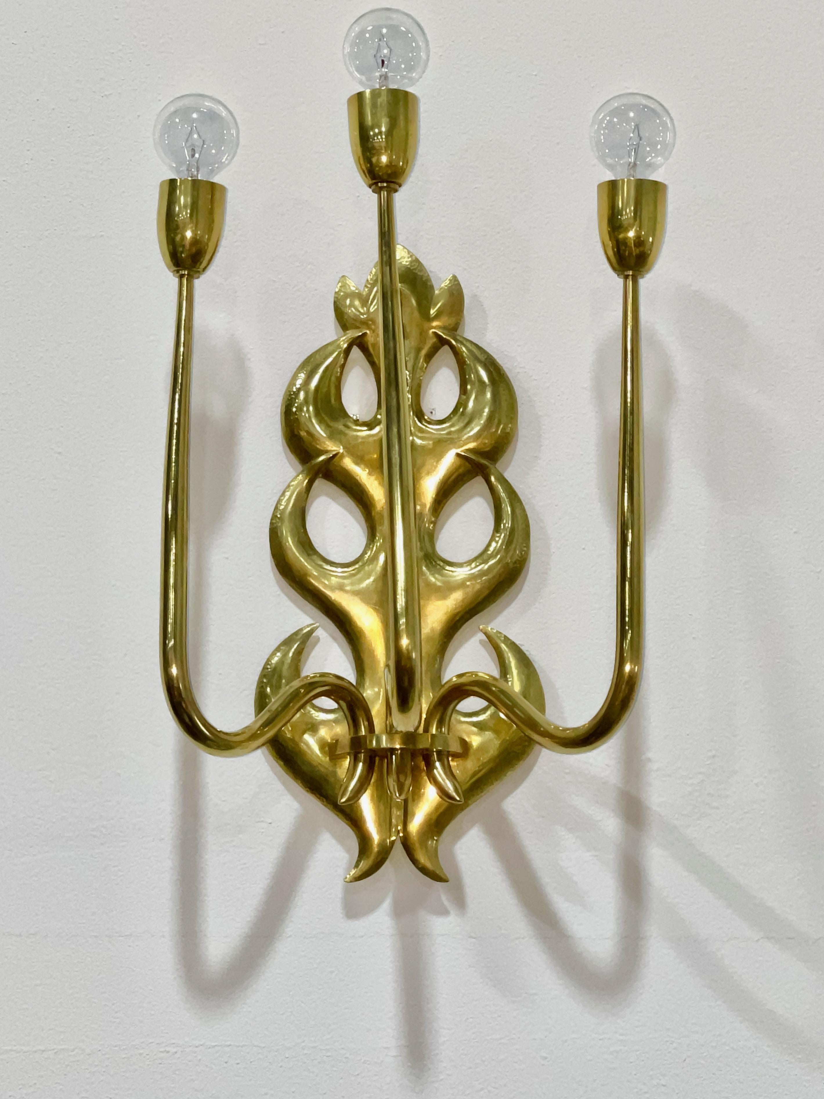 1950's Italian Hand Hammered Brass Three Arm Sconce  For Sale 2