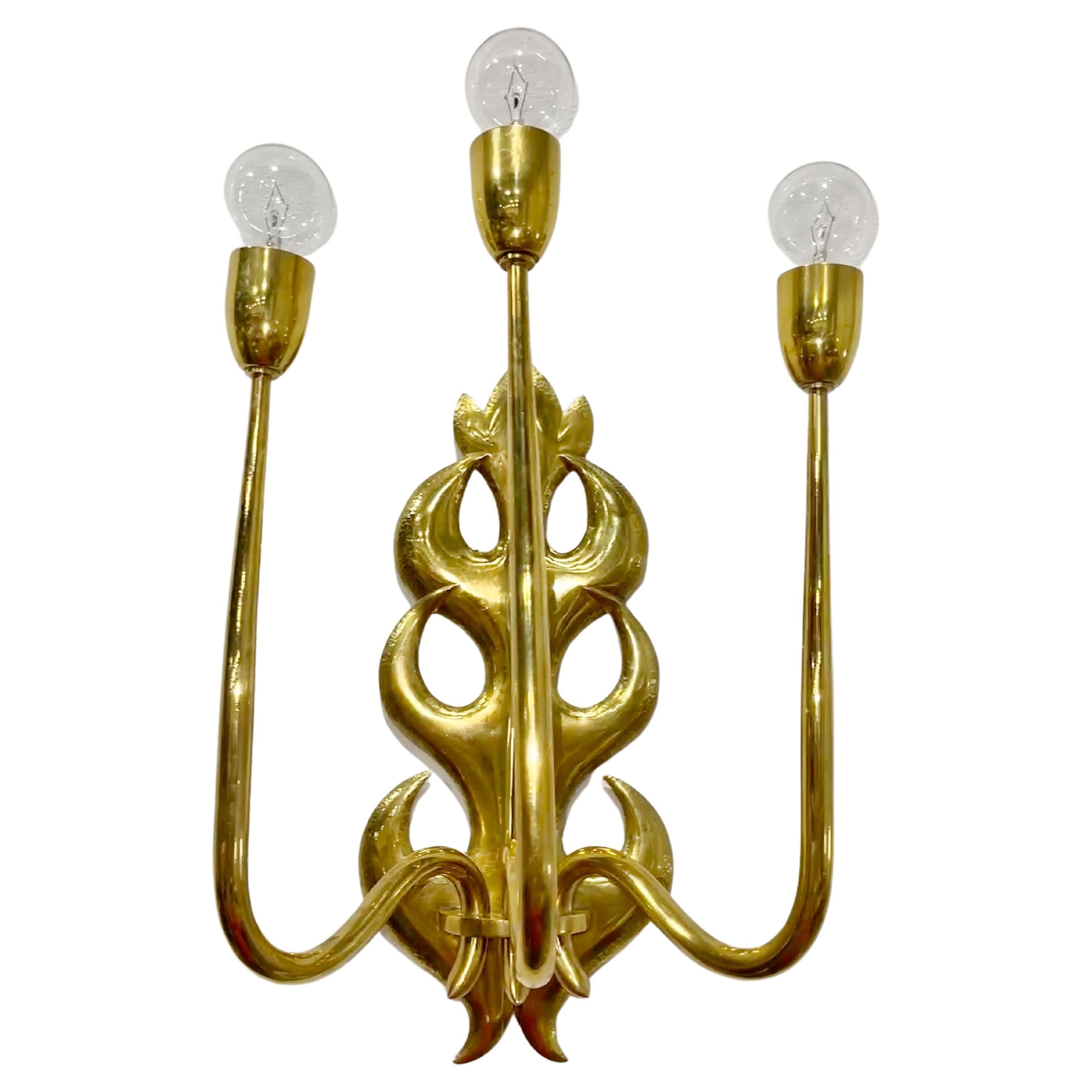 1950's Italian Hand Hammered Brass Three Arm Sconce  For Sale