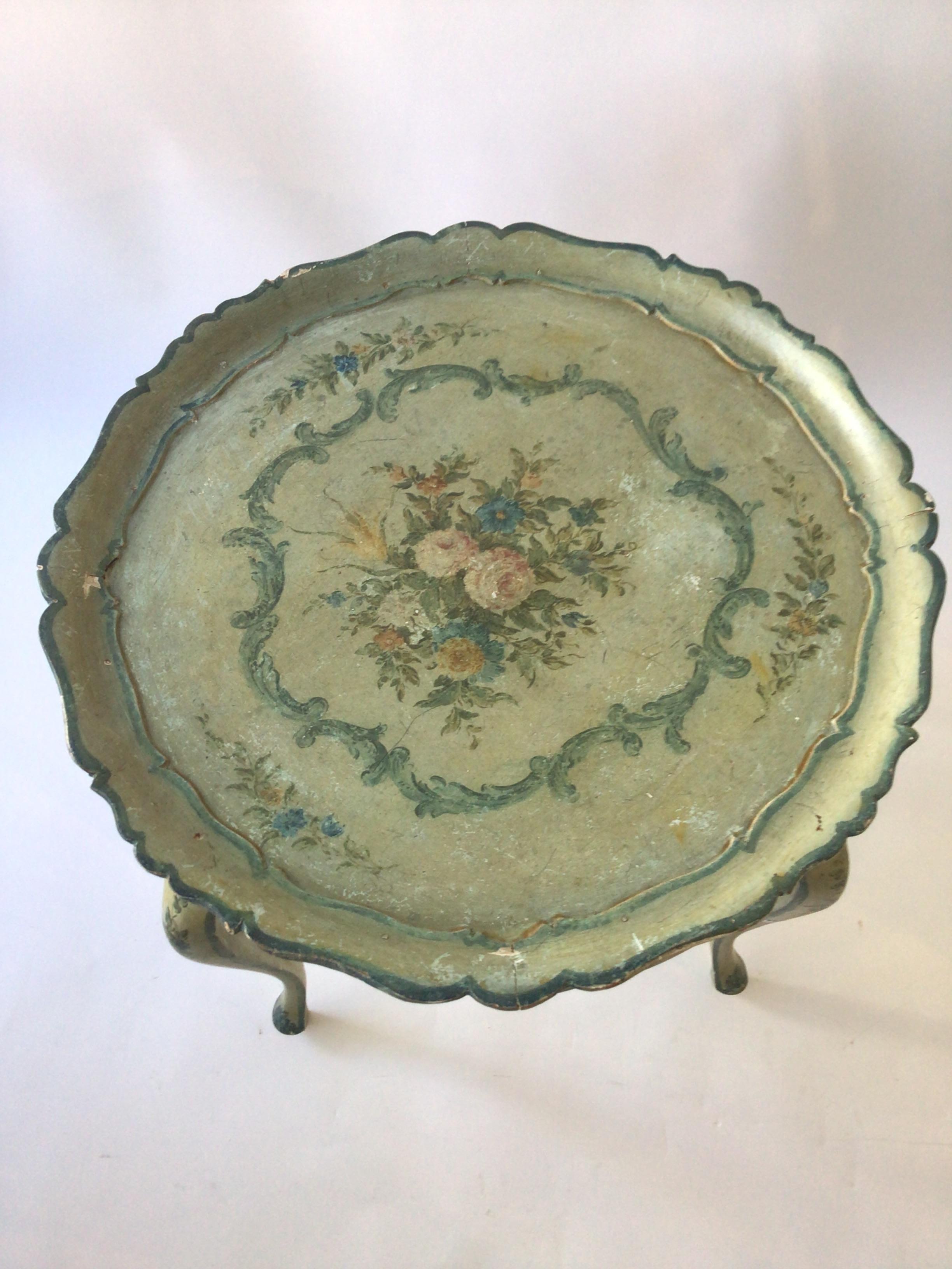 1950s Italian Hand Painted Teal  Floral Table In Good Condition For Sale In Tarrytown, NY