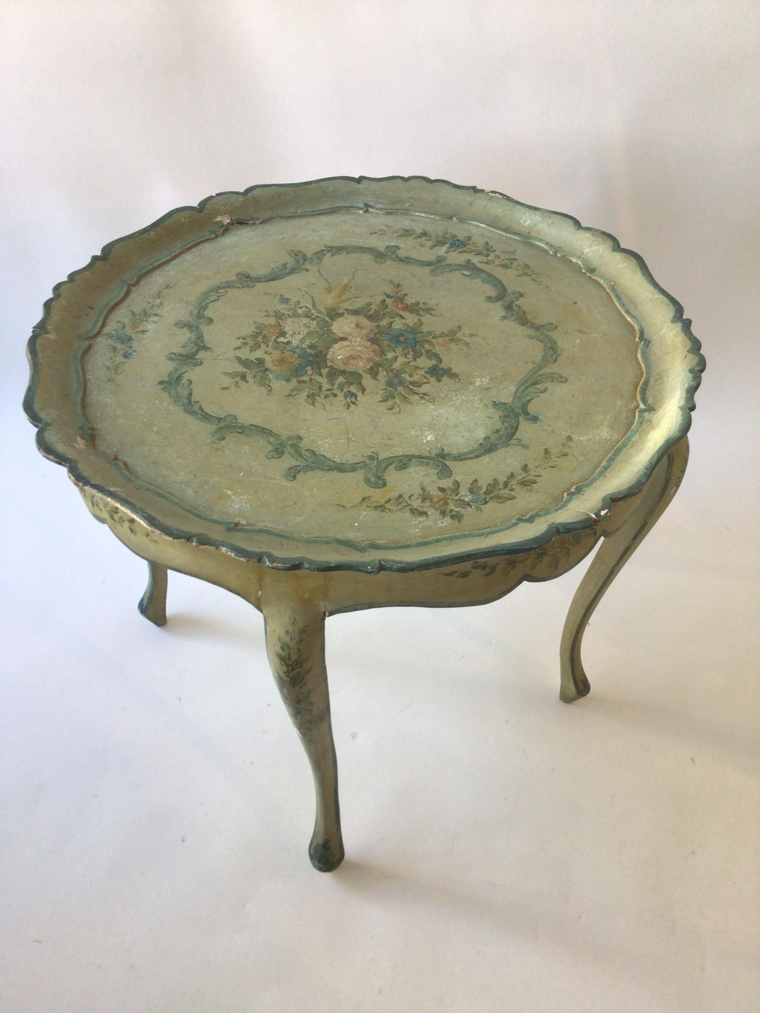 Mid-20th Century 1950s Italian Hand Painted Teal  Floral Table For Sale