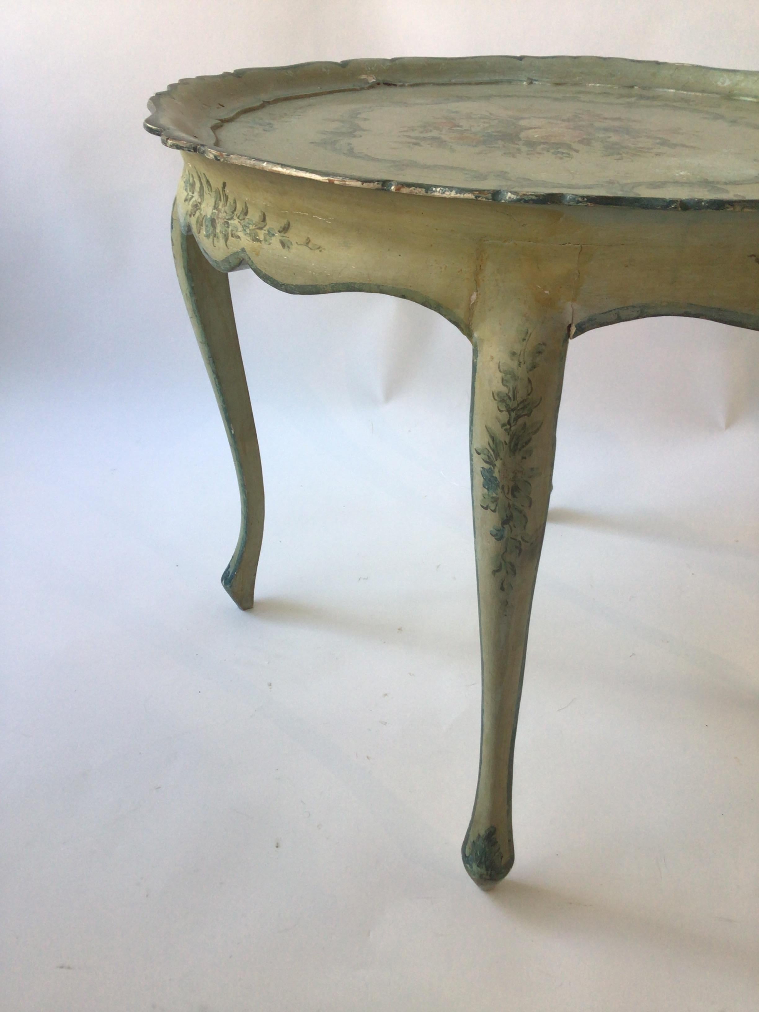 Wood 1950s Italian Hand Painted Teal  Floral Table For Sale