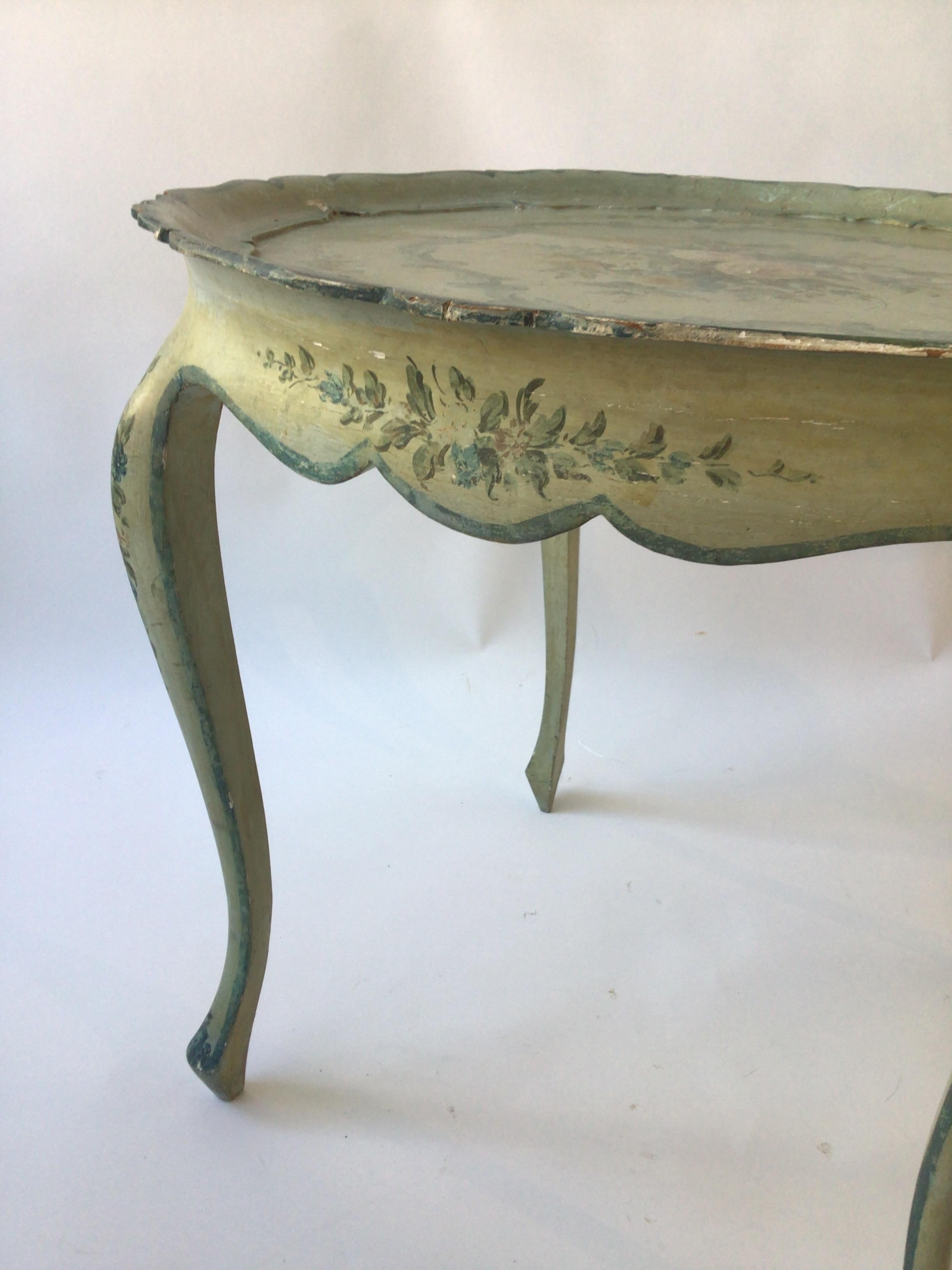 1950s Italian Hand Painted Teal  Floral Table For Sale 1