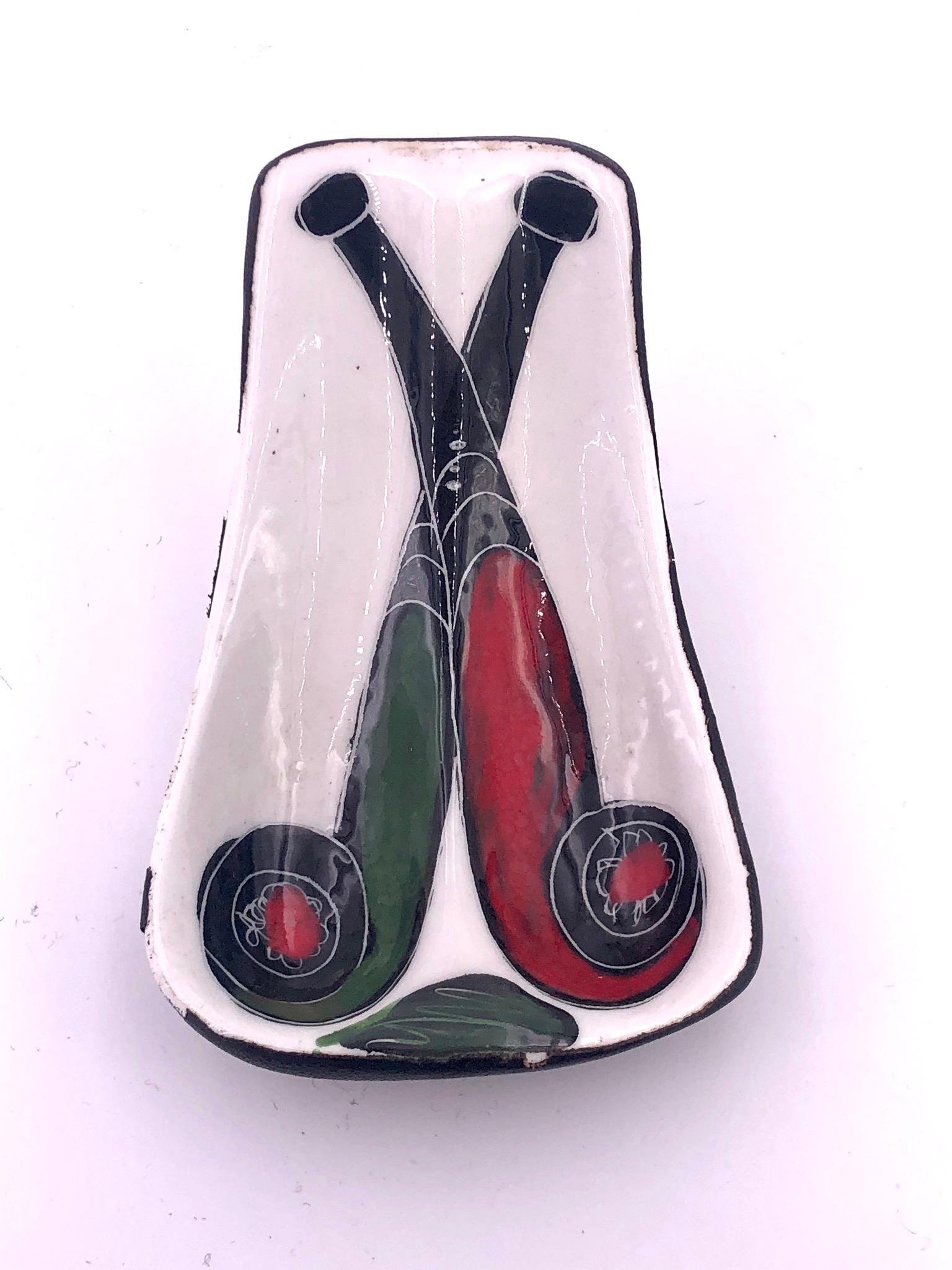 20th Century 1950s Italian Hand Painted Ceramic Double Pipe Rest Holder with Leather Back For Sale