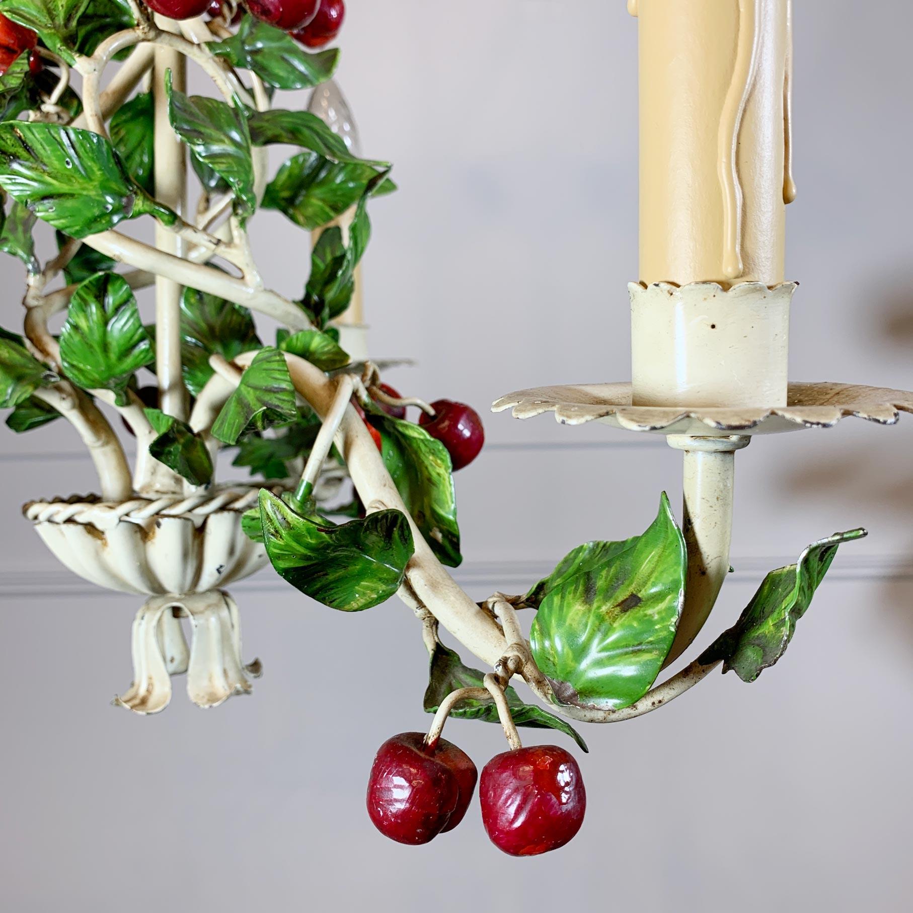 1950's Italian Hand Painted Red Cherry Tole Chandelier 4