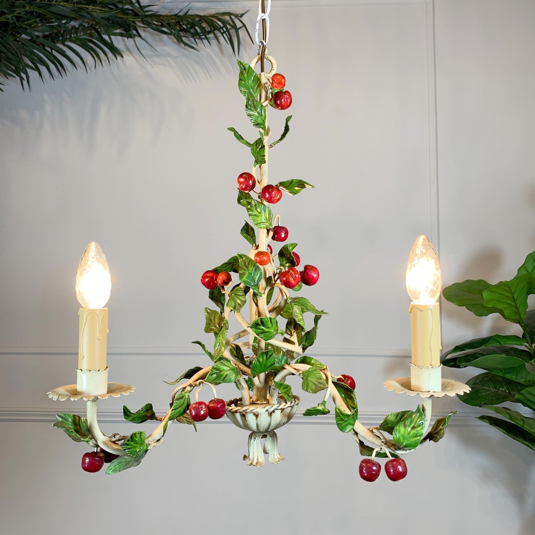 1950's Italian Hand Painted Red Cherry Tole Chandelier 1