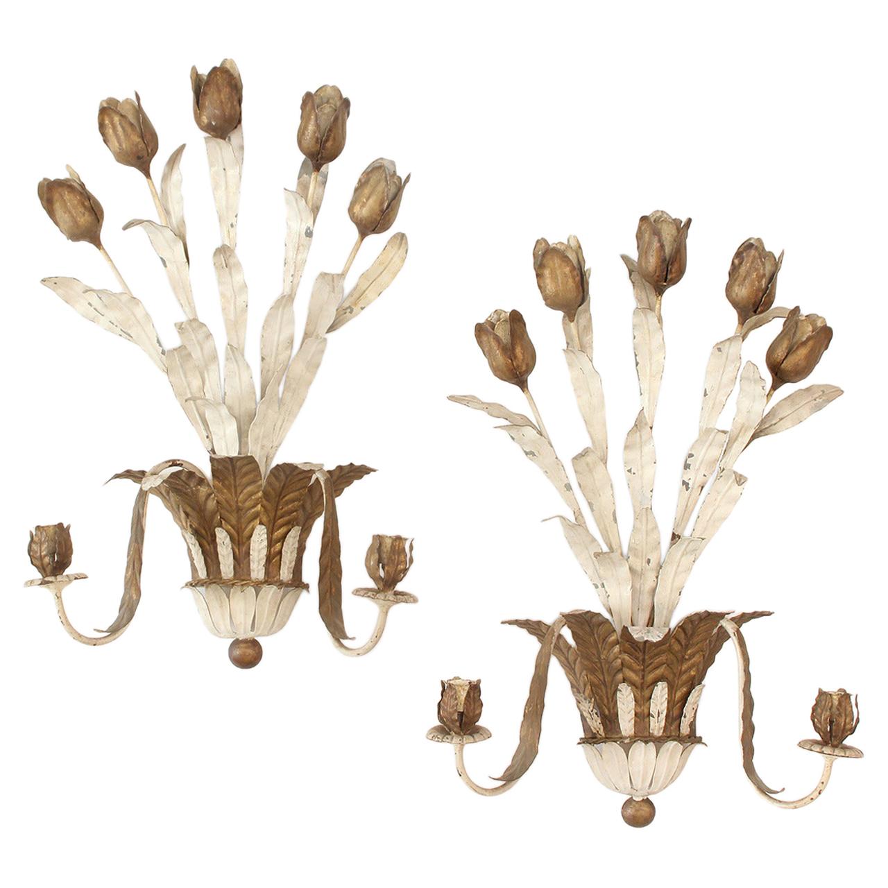 1950s Italian Handwrought and Painted Tulip Candle Sconces For Sale