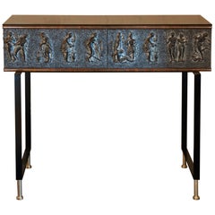 Antique 1950s Italian High Relief Console Table, Resin, Wood Steel Brass and Black Glass